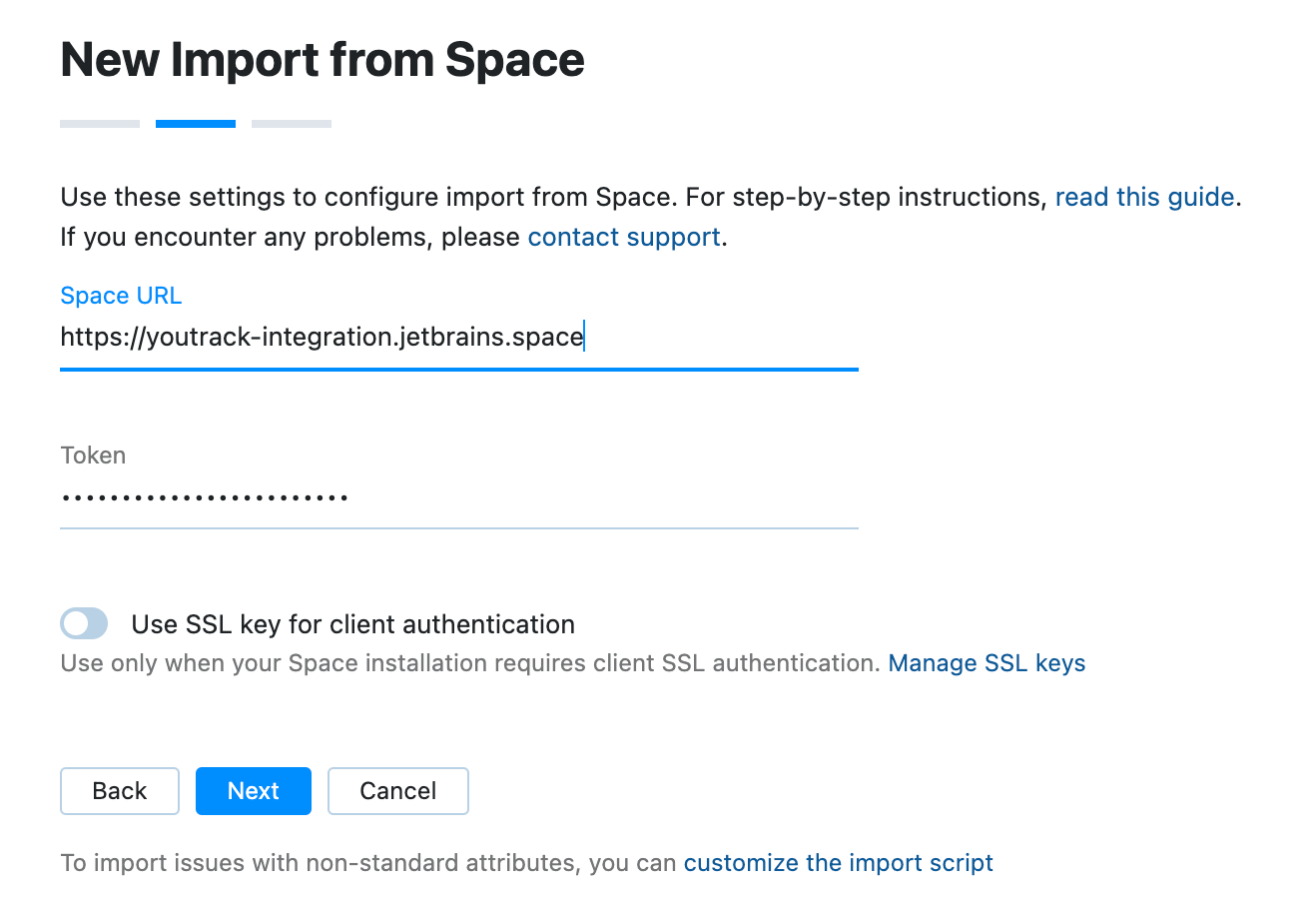 Space import settings Space import settings