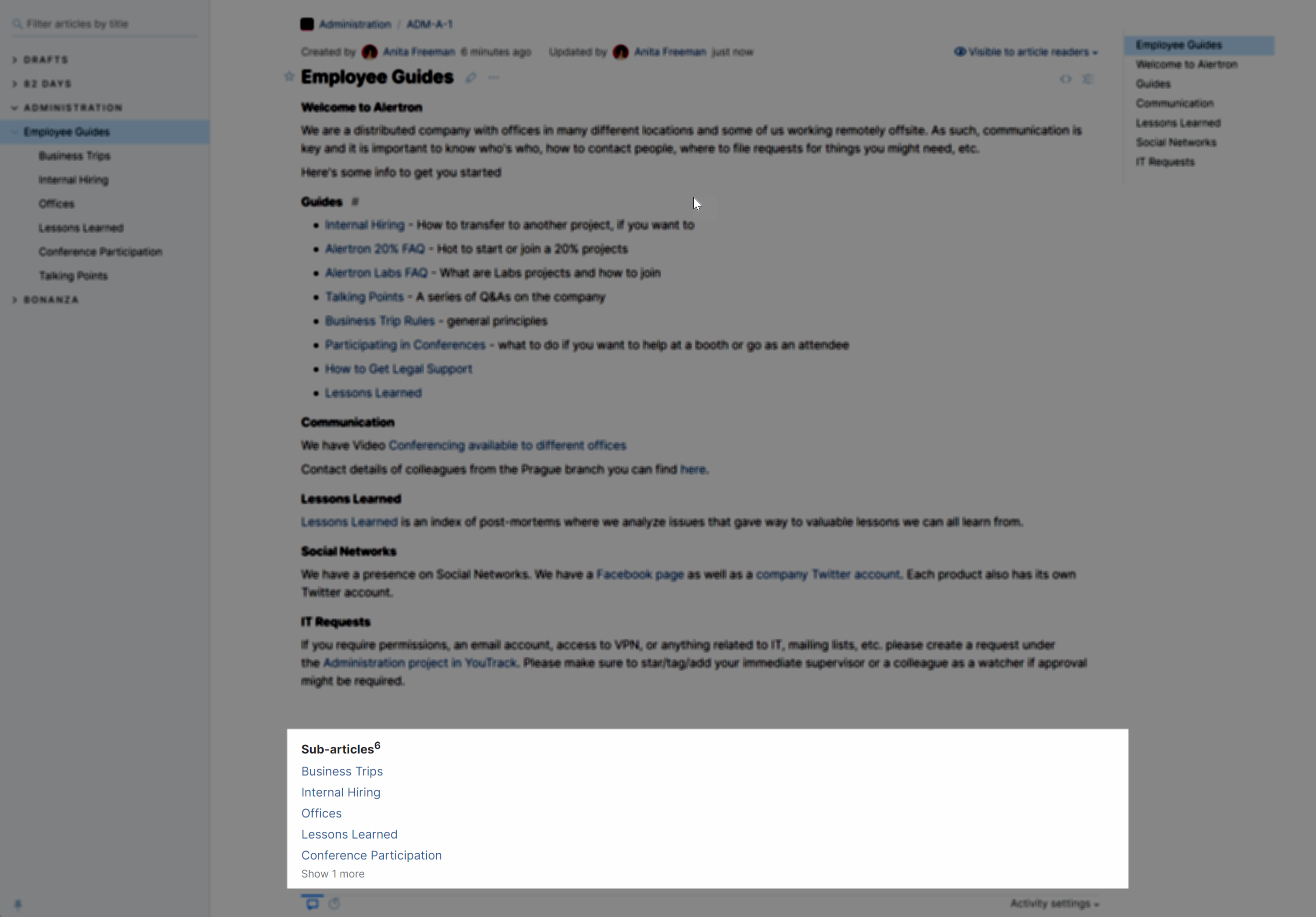 Sub-article navigation panel in an article Sub-article navigation panel in an article