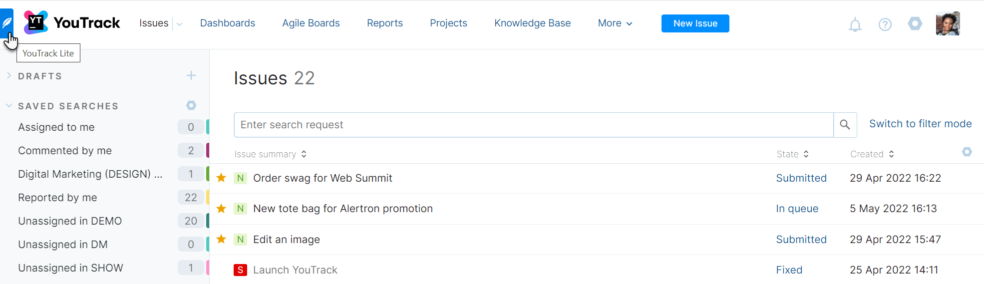 Interface switch in application header for YouTrack Lite. Interface switch in application header for YouTrack Lite.