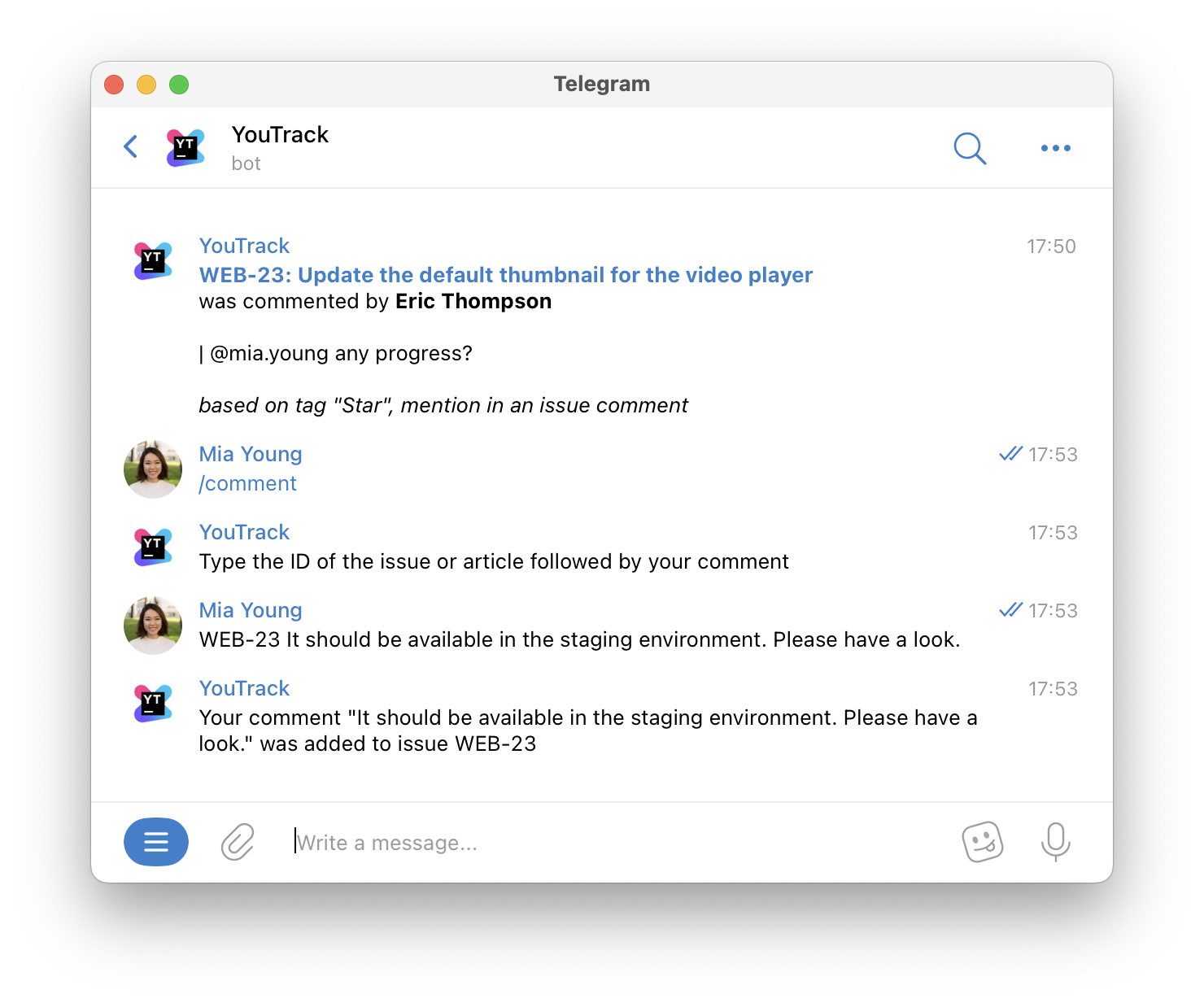 Adding a comment to a YouTrack issue in Telegram. Adding a comment to a YouTrack issue in Telegram.