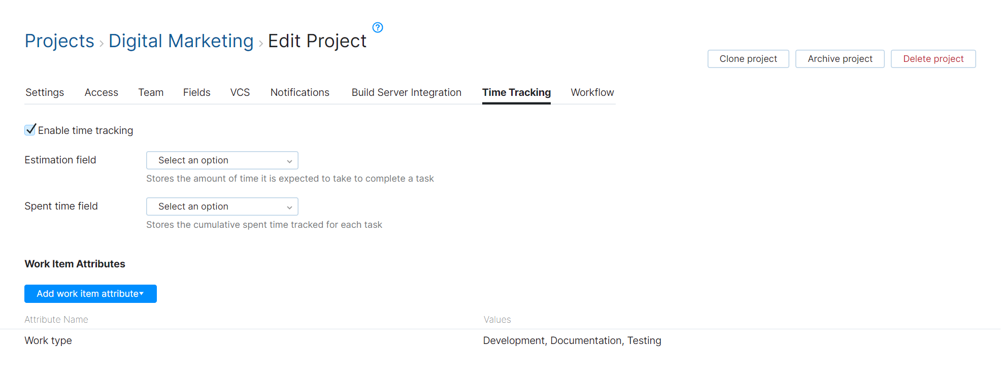 Time tracking settings in project Time tracking settings in project