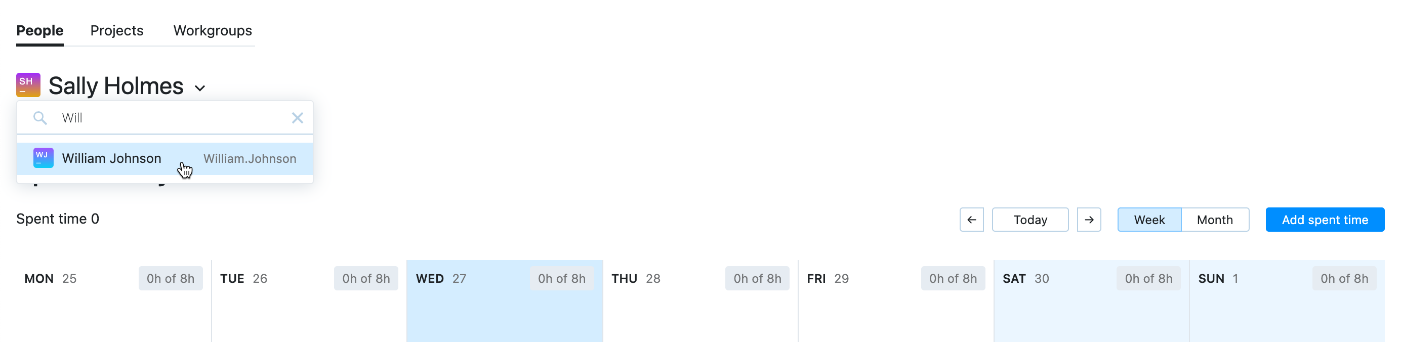 A drop-down menu that lets you view timesheets for other users. A drop-down menu that lets you view timesheets for other users.