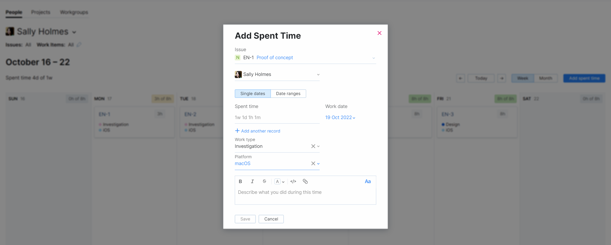 The dialog for adding spent time in the calendar view. The dialog for adding spent time in the calendar view.