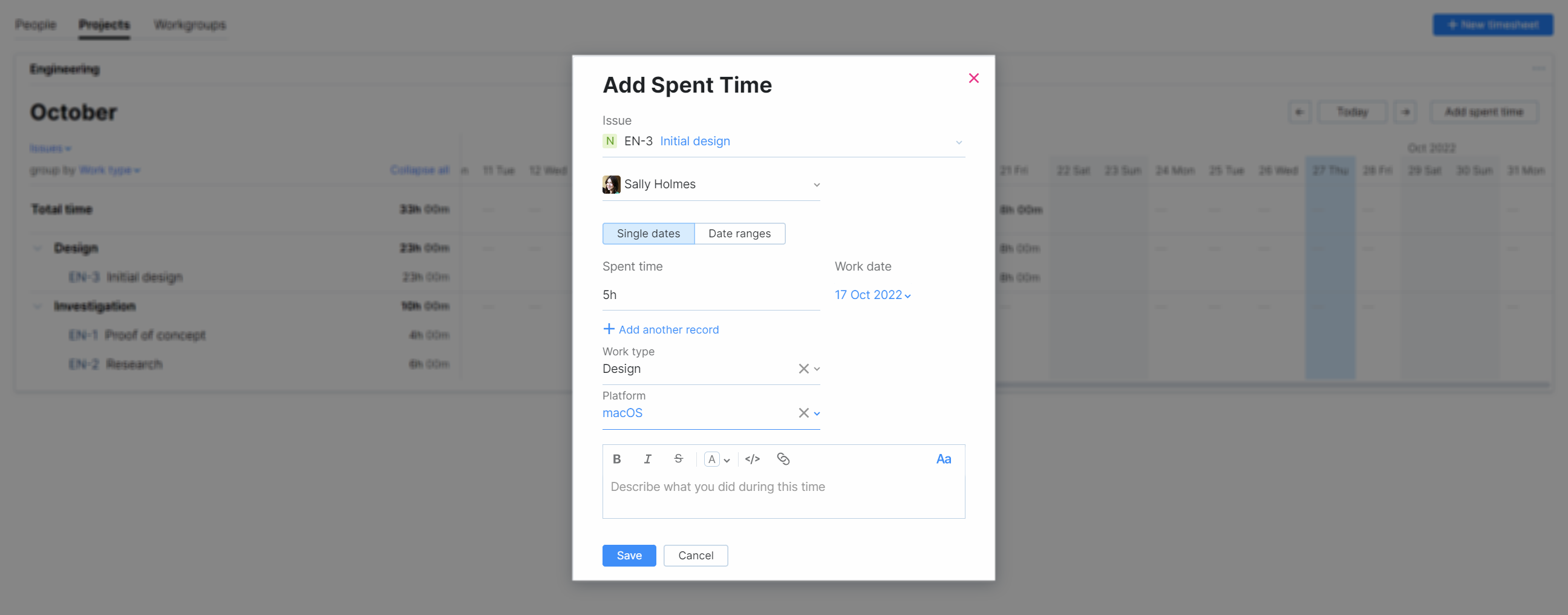 The dialog for adding spent time to a specific project. The dialog for adding spent time to a specific project.