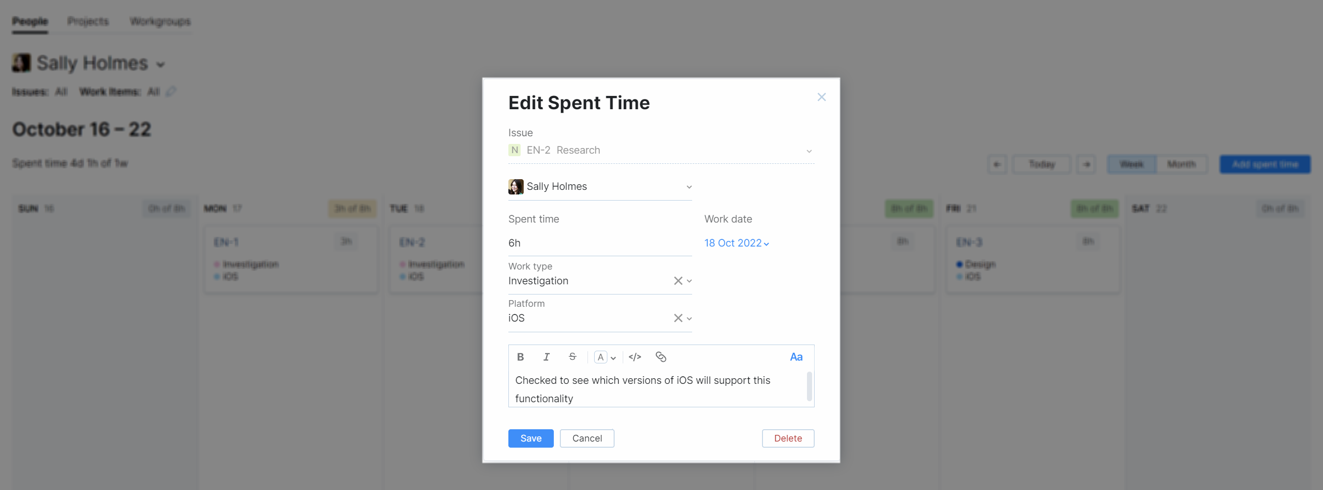 The dialog for editing spent time in the calendar view. The dialog for editing spent time in the calendar view.