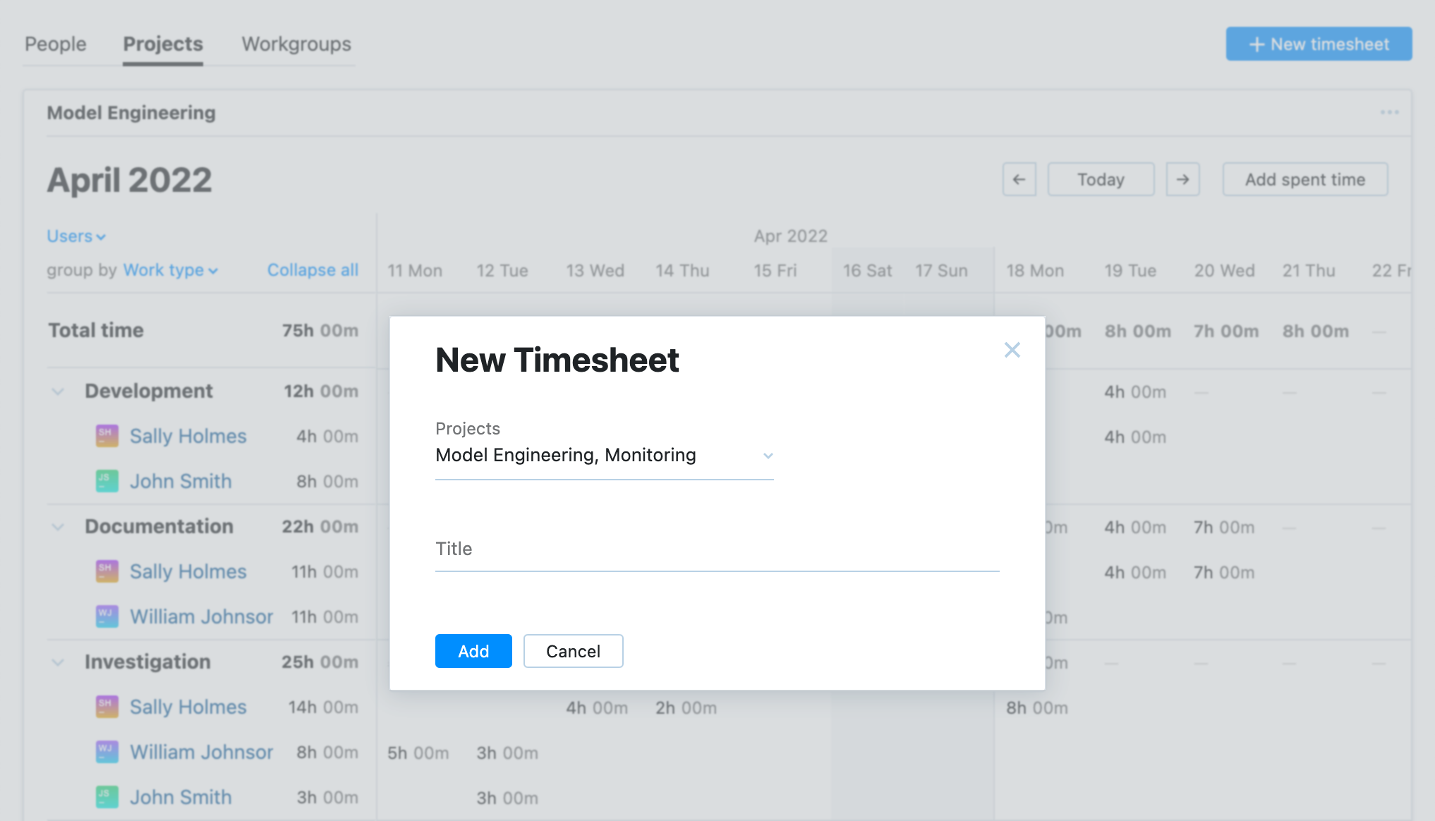A dialog that lets you add a timesheet for selected projects. A dialog that lets you add a timesheet for selected projects.