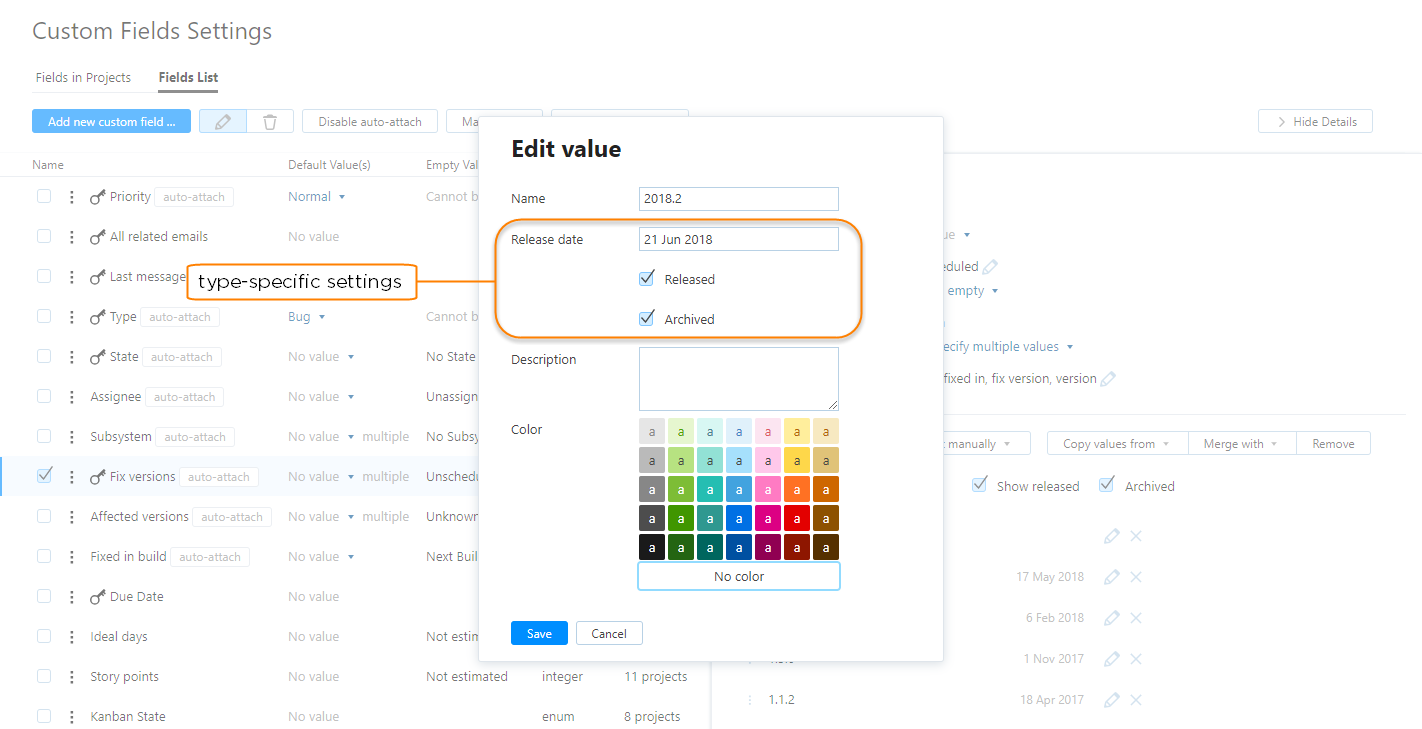 type-specific settings for field values type-specific settings for field values