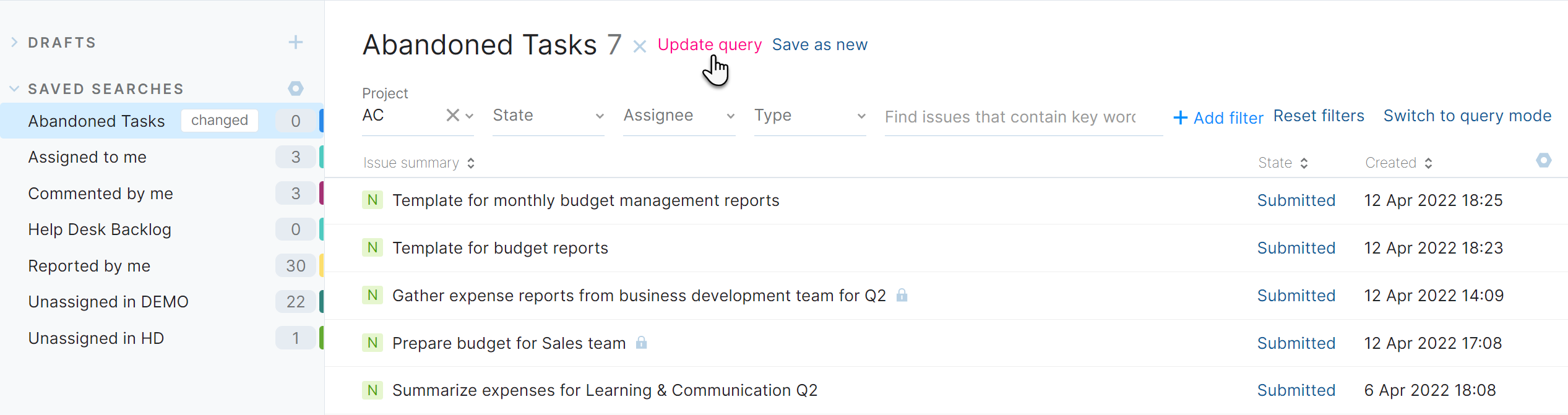 Update query option for a saved search. Update query option for a saved search.
