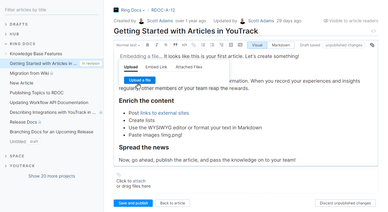 Upload files to an article. Upload files to an article.