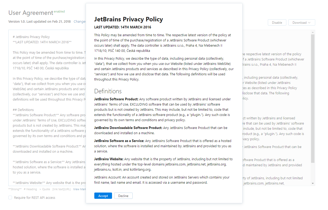 User agreement enabled User agreement enabled