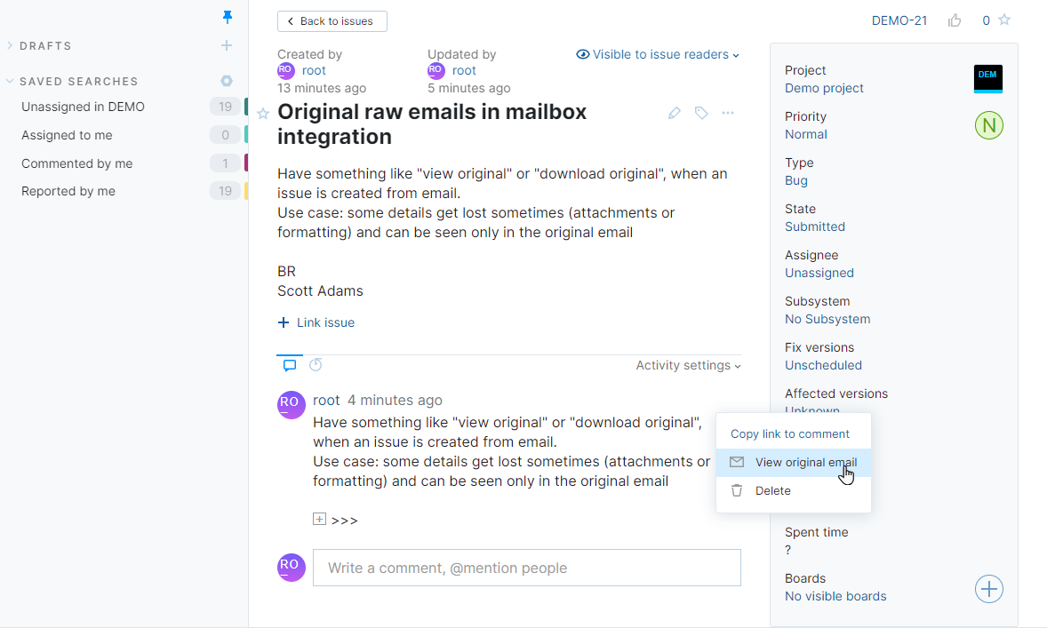 Option to view original email for a comment in YouTrack Lite. Option to view original email for a comment in YouTrack Lite.