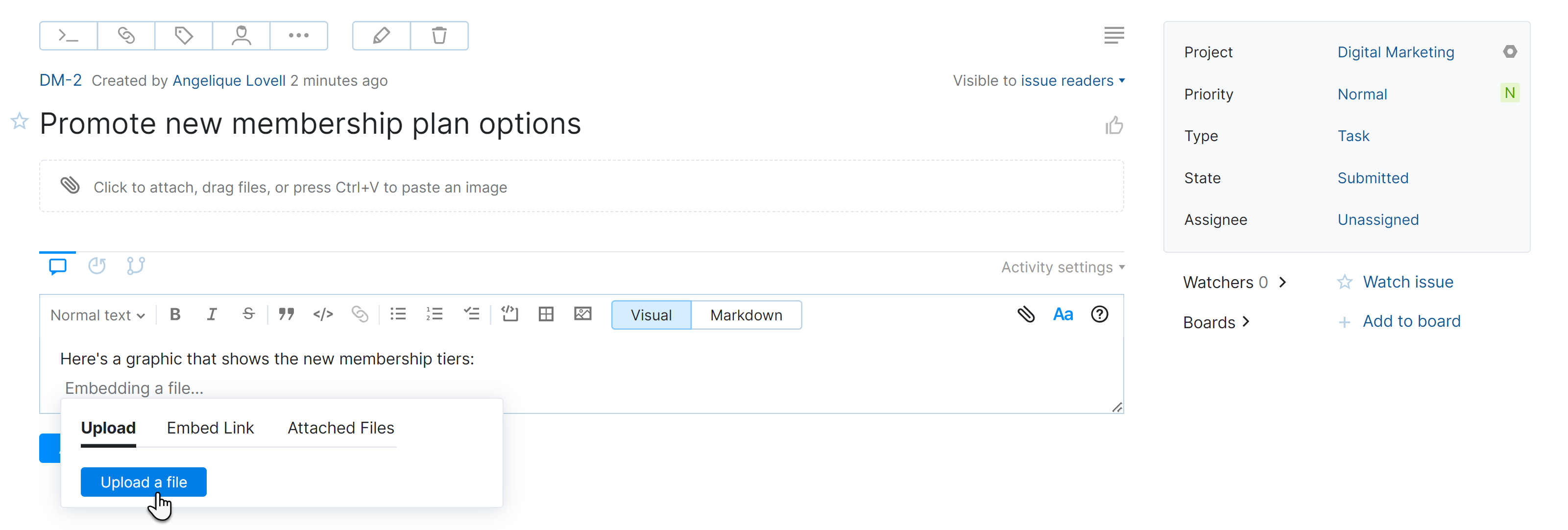 Option to upload an image in the rich text editor. Option to upload an image in the rich text editor.