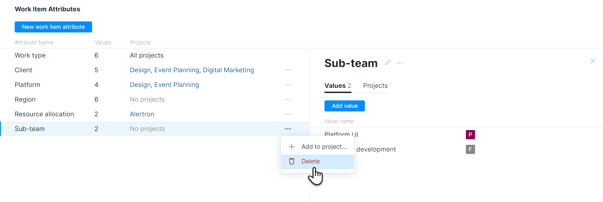 Option for deleting a work item attribute. Option for deleting a work item attribute.
