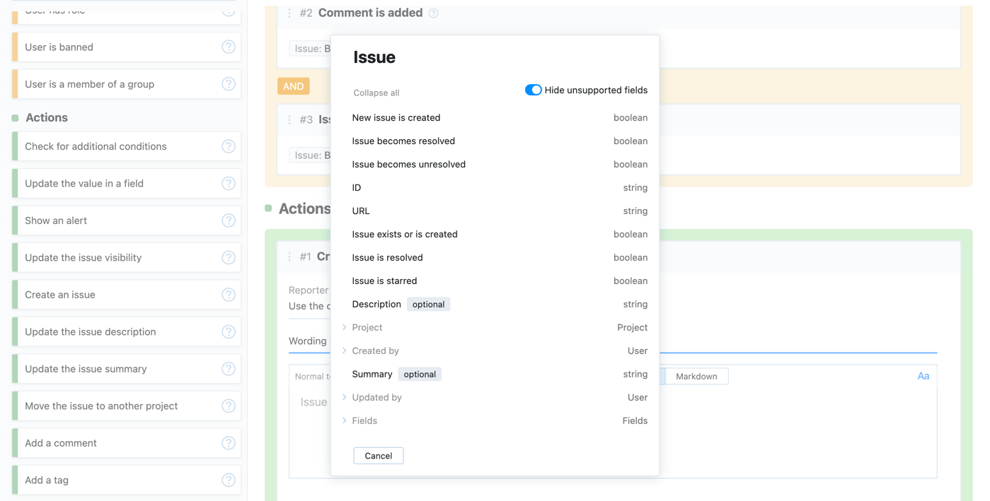 Browsing available fields for issues. Browsing available fields for issues.