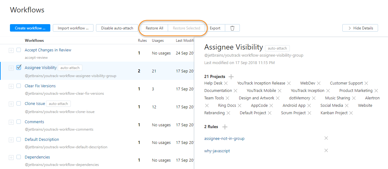 Workflows restore Workflows restore