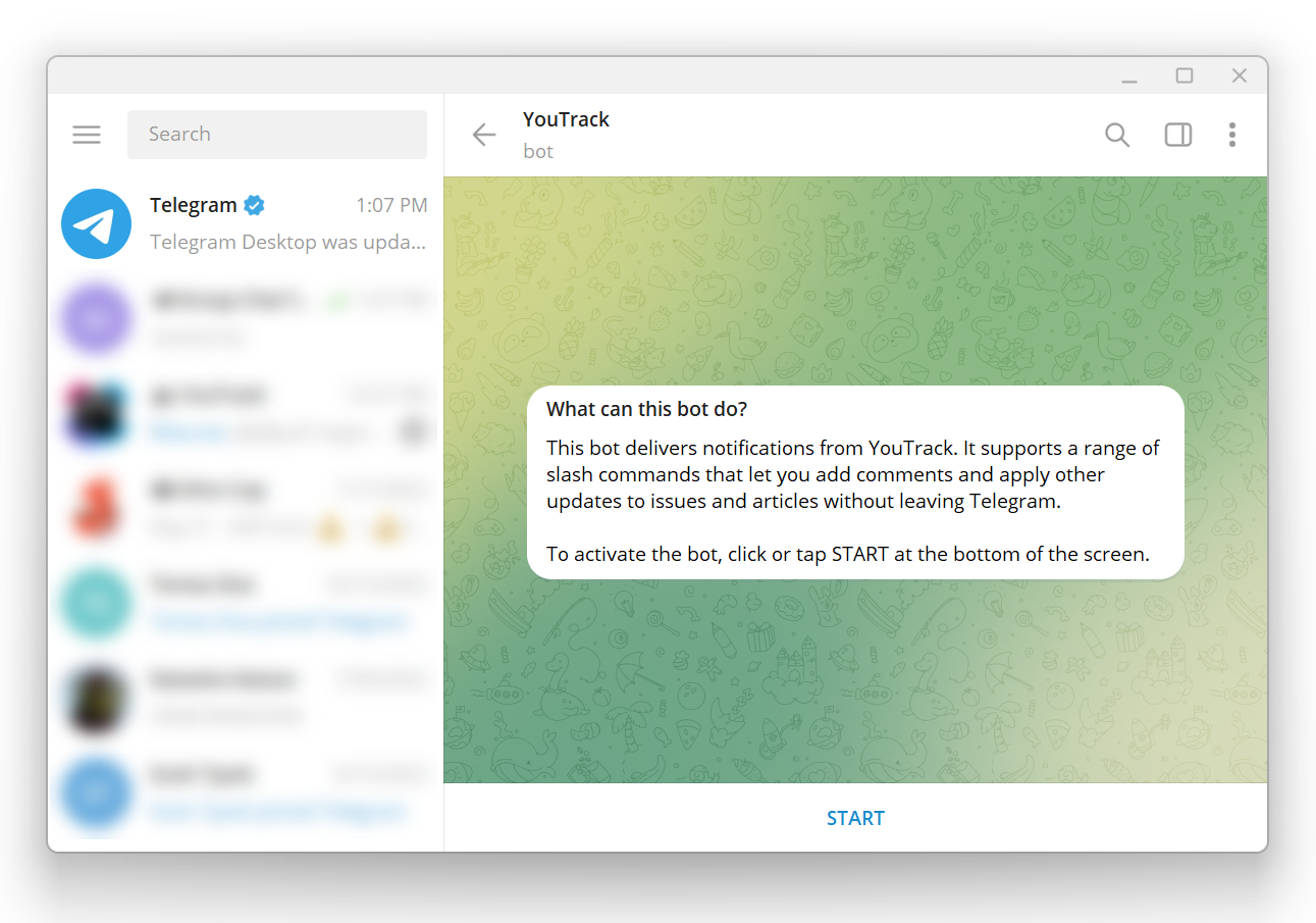 Confirmation message from the YouTrack bot in Telegram. Confirmation message from the YouTrack bot in Telegram.