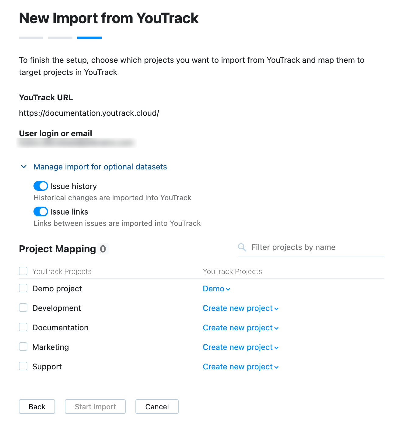 Confirm settings and start import. Confirm settings and start import.