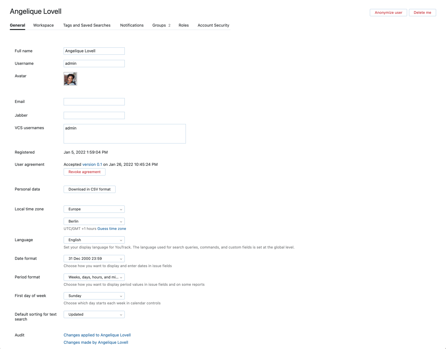 The General settings tab for a YouTrack account. The General settings tab for a YouTrack account.