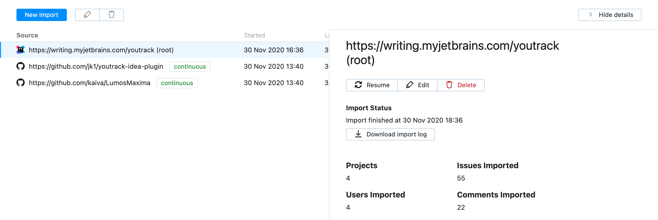 Import results Import results