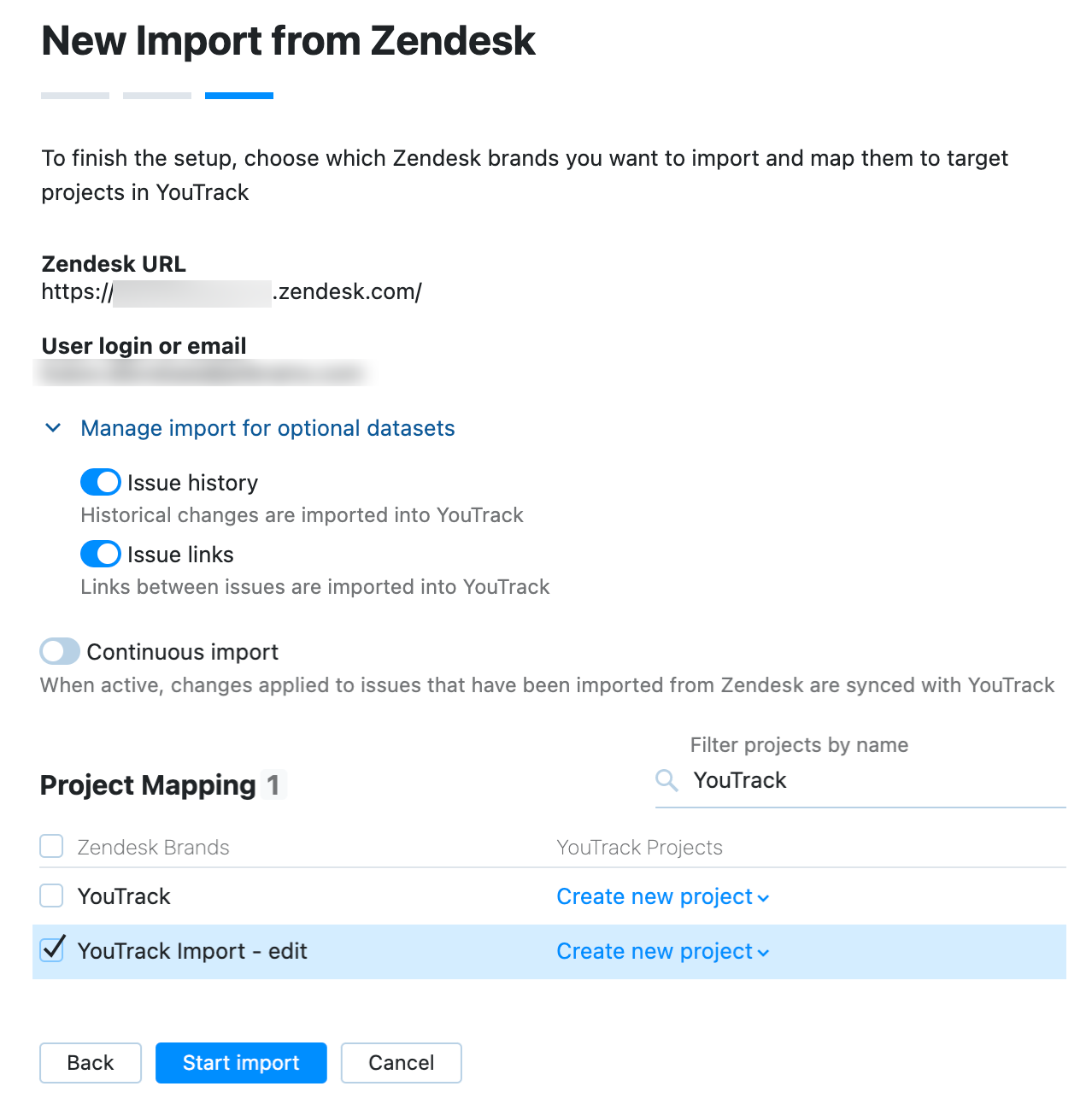 Confirm settings and start import Confirm settings and start import