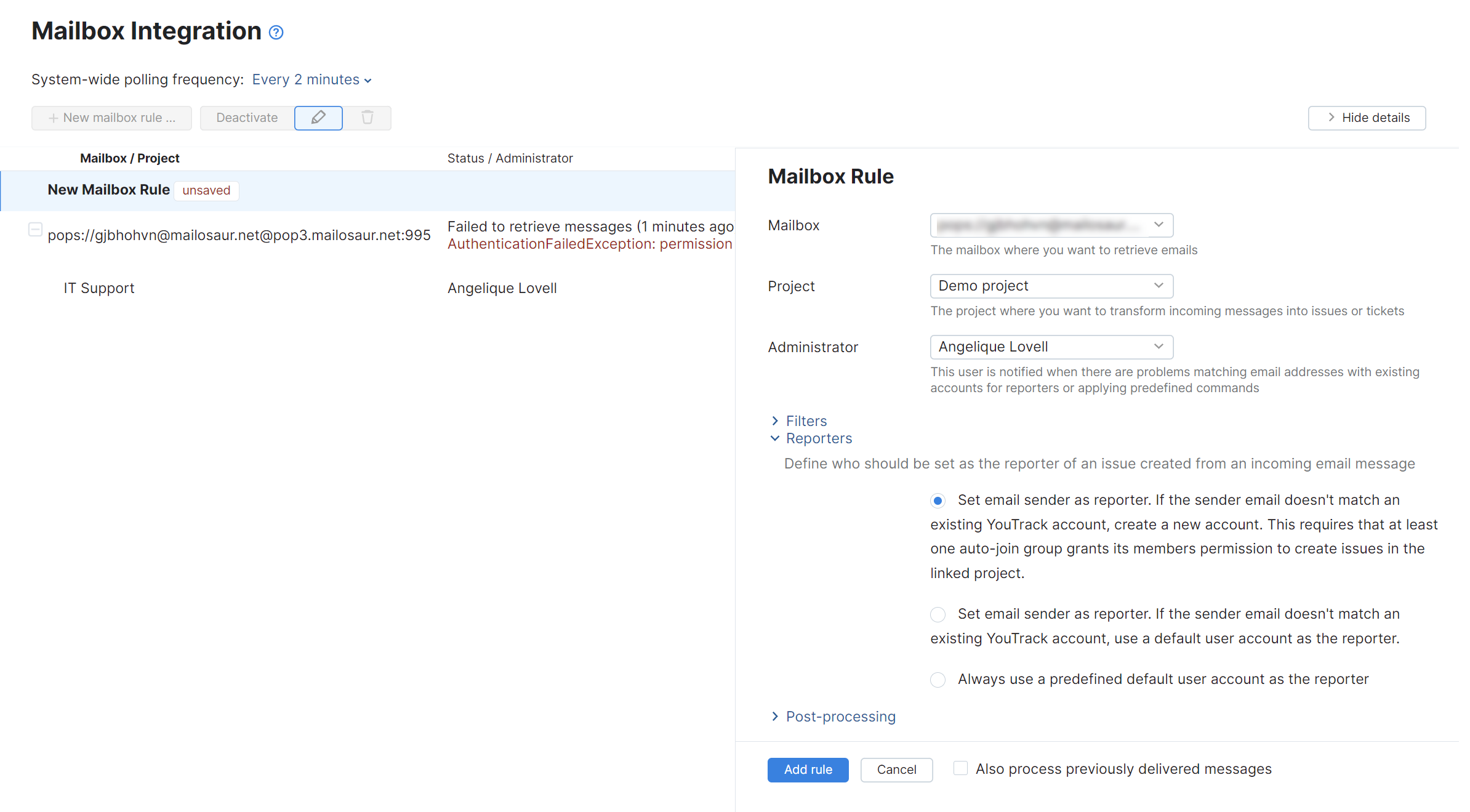 Mailbox Integrations with Standard Issue Tracking Projects YouTrack