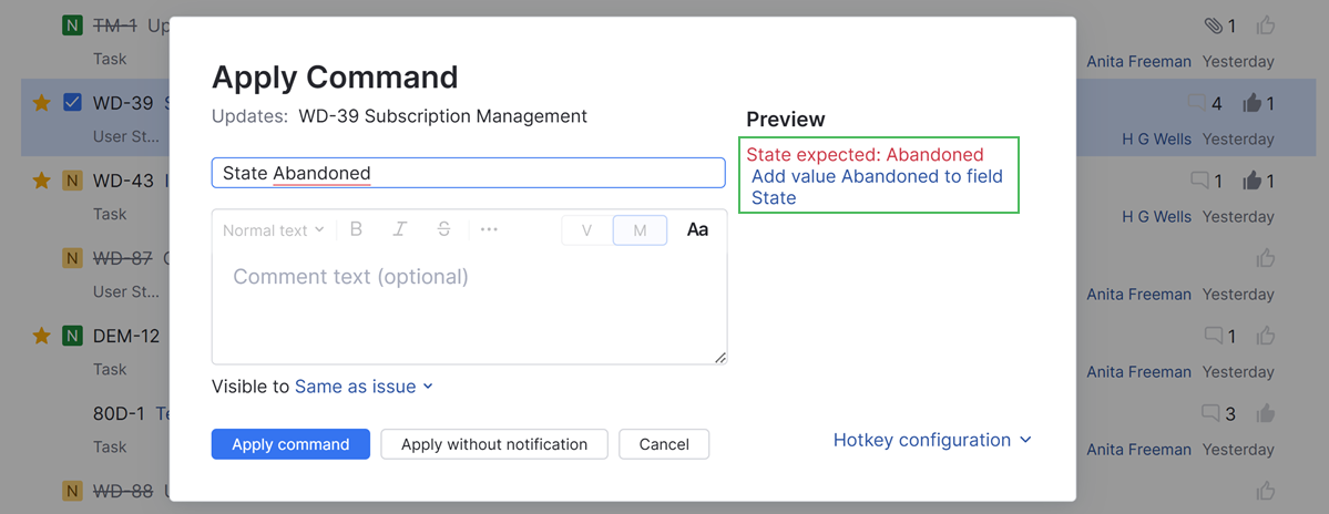 Adding a value to a custom field directly in the Apply Command dialog