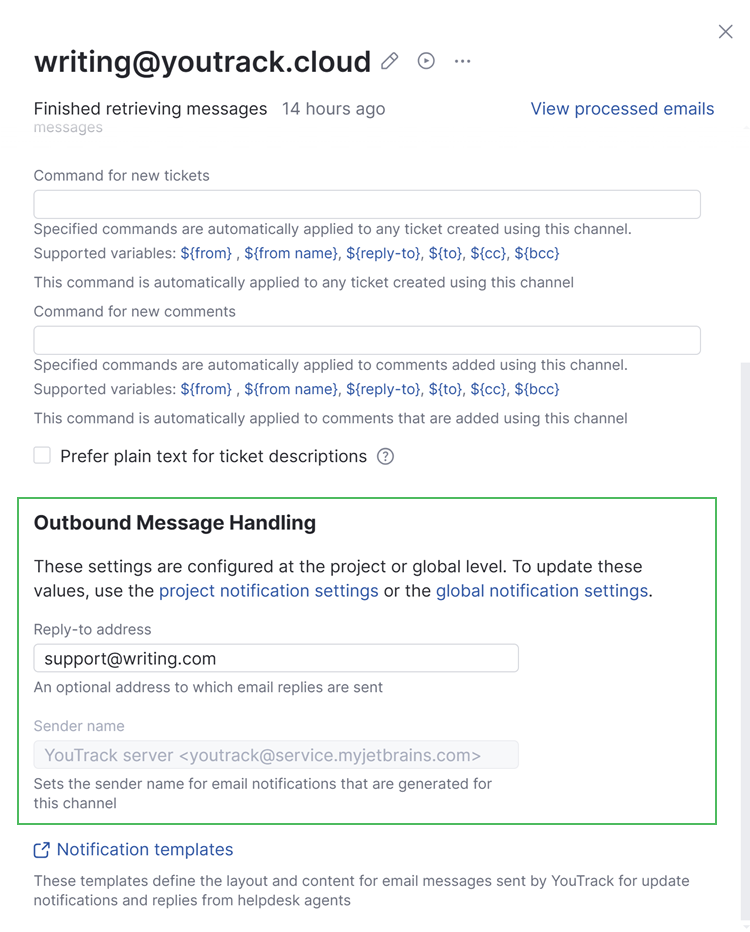 Outbound message handling settings for an email channel. Outbound message handling settings for an email channel.