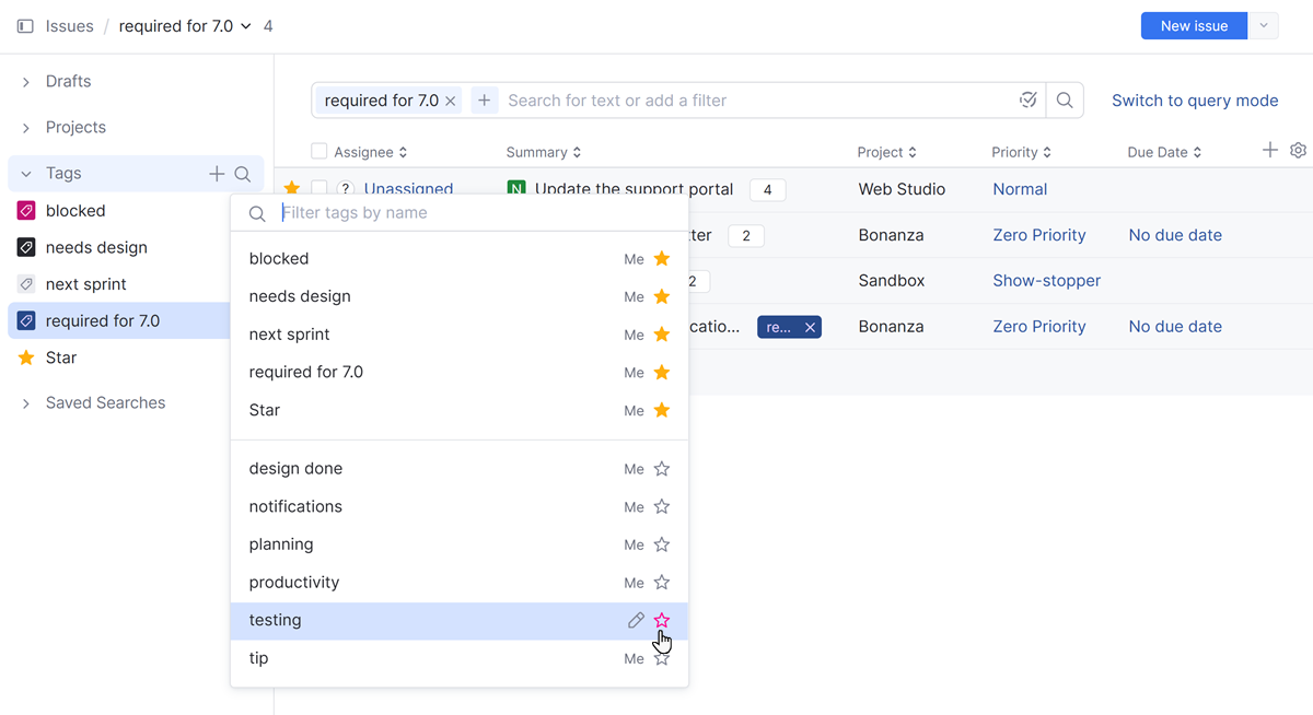 The panel for managing favorite projects in the list of issues. The panel for managing favorite projects in the list of issues.