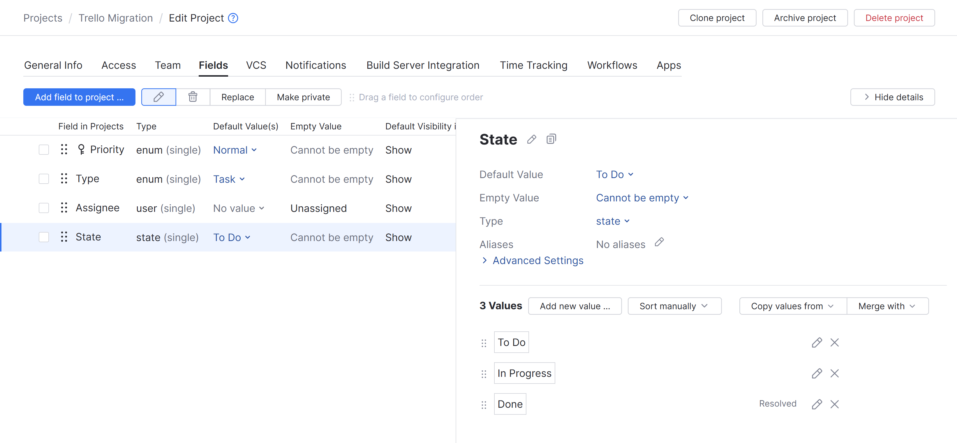 The set of values for the State field in a Trello-style project. The set of values for the State field in a Trello-style project.