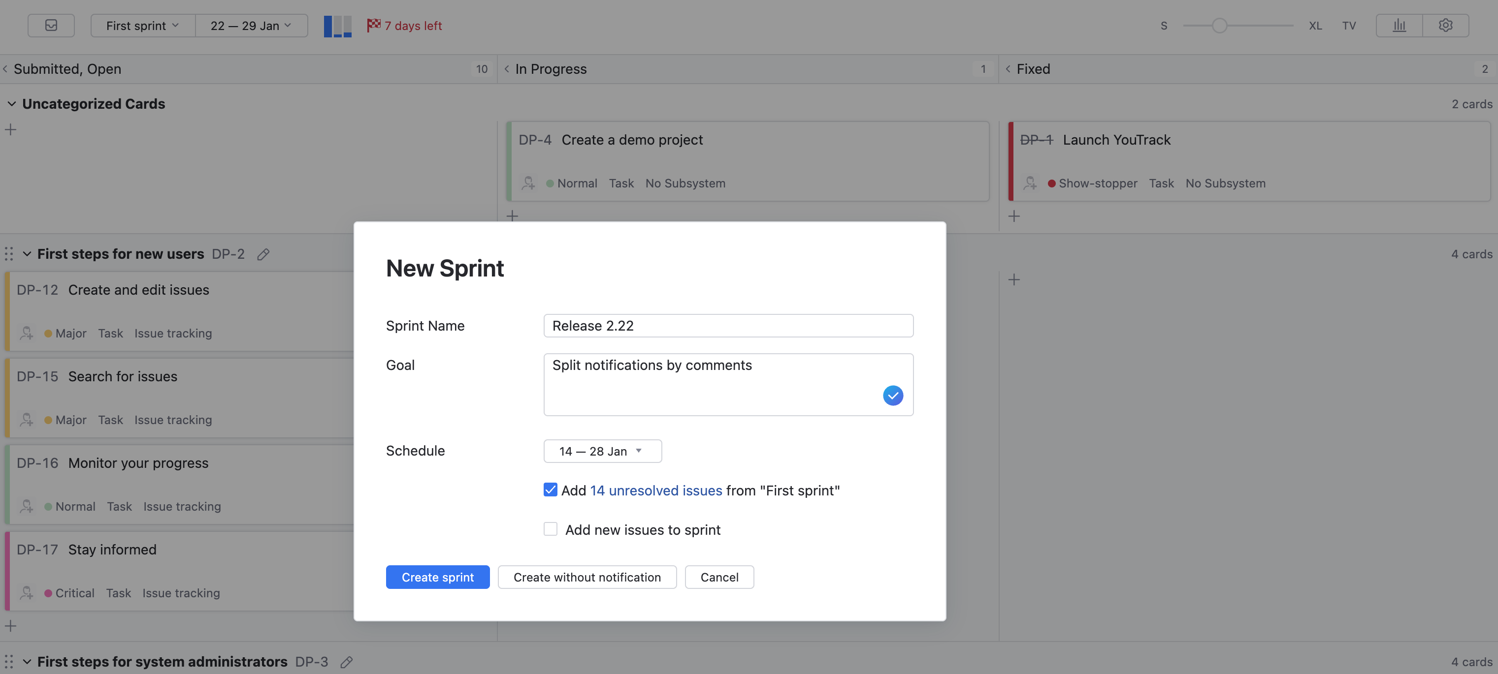 Create a Sprint | YouTrack Cloud Documentation