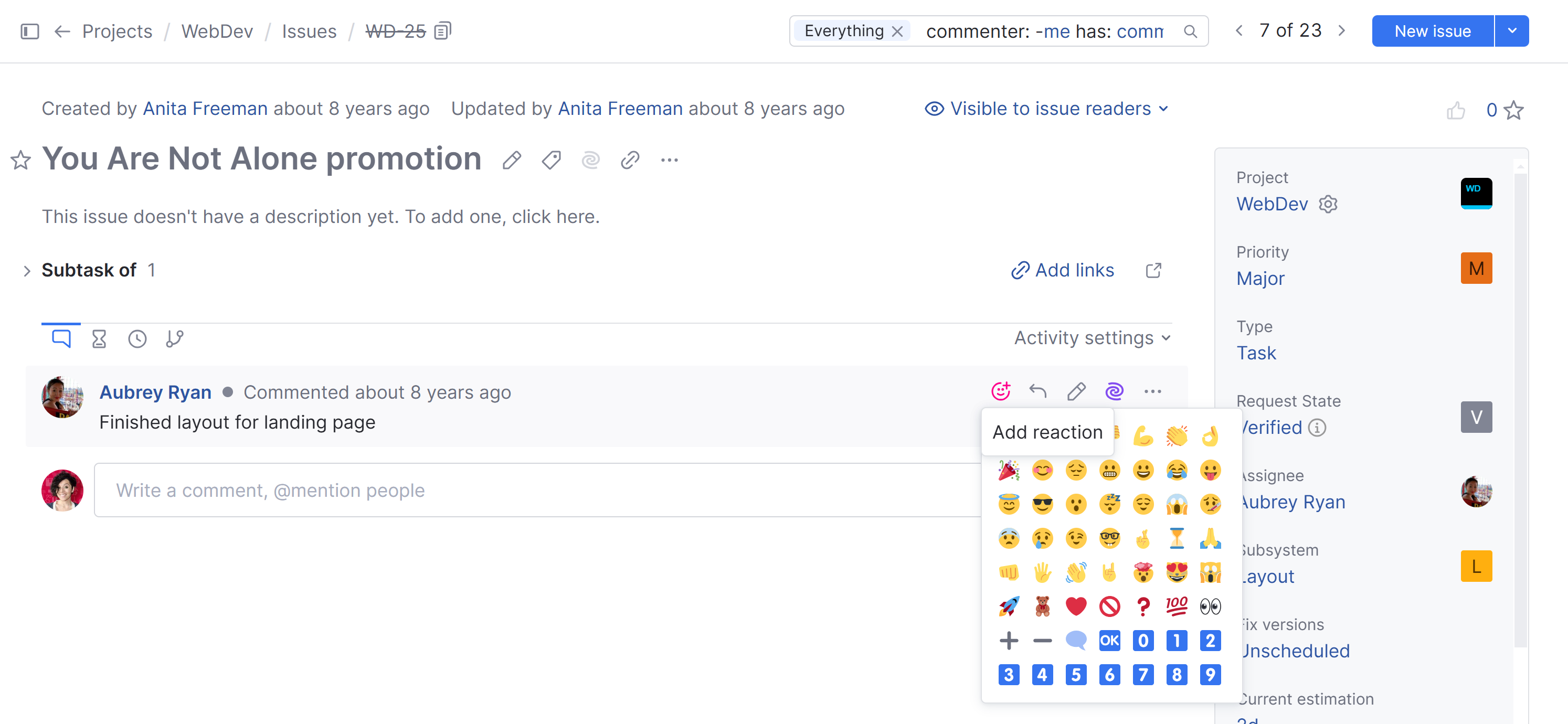 Pop-up menu for adding a reaction to a comment. Pop-up menu for adding a reaction to a comment.