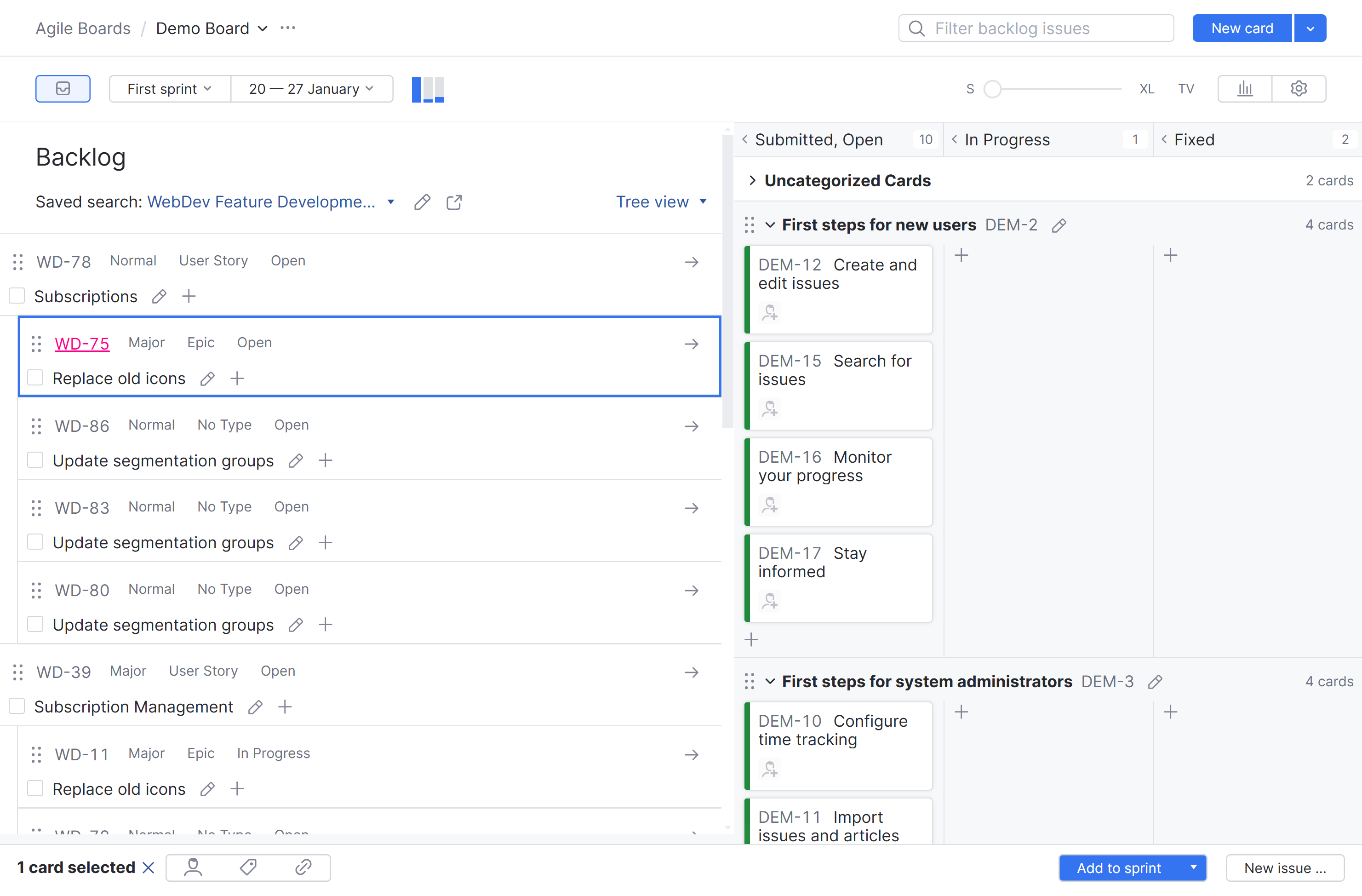 Agile board with backlog issues. Agile board with backlog issues.