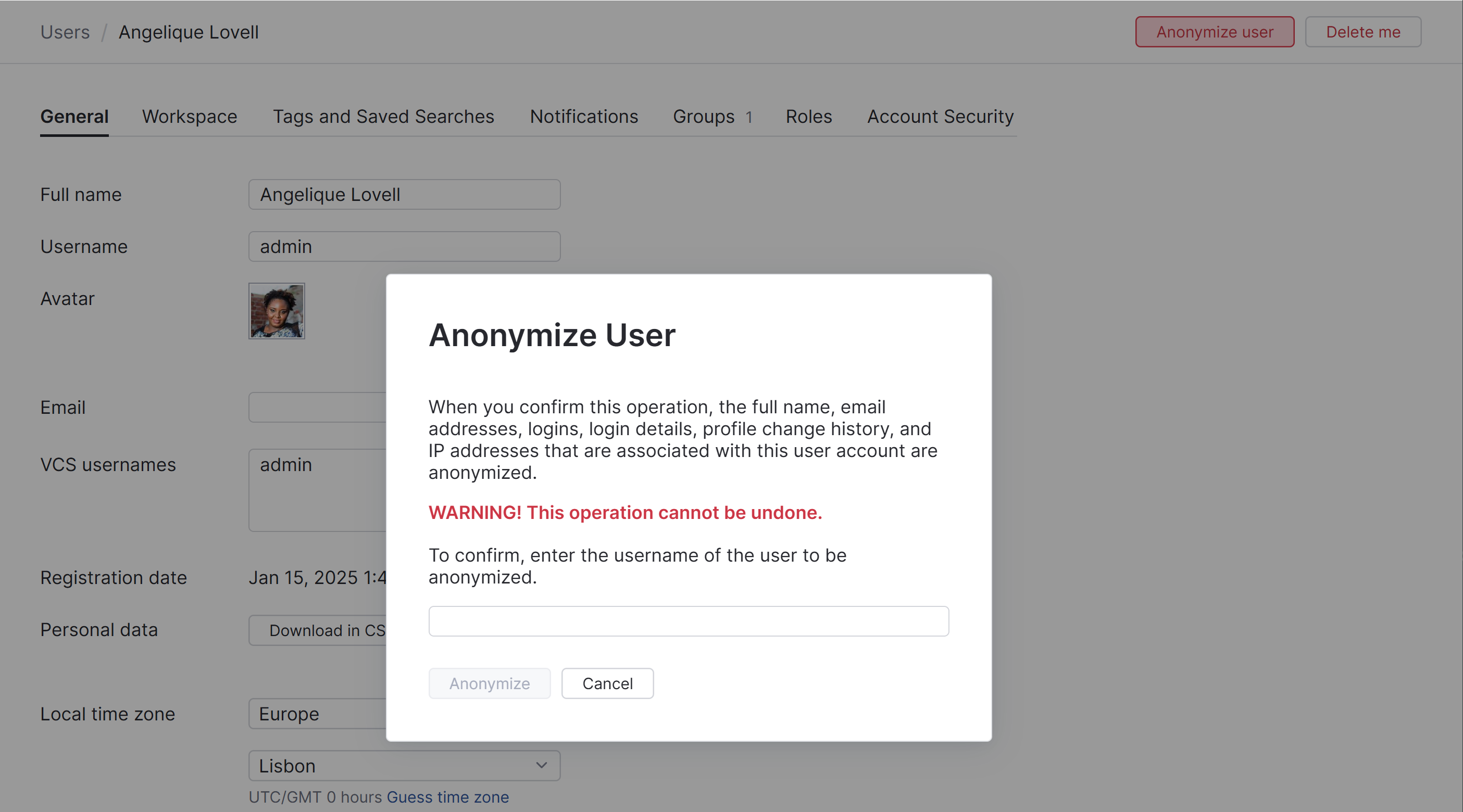 Anonymize user confirmation dialog. Anonymize user confirmation dialog.