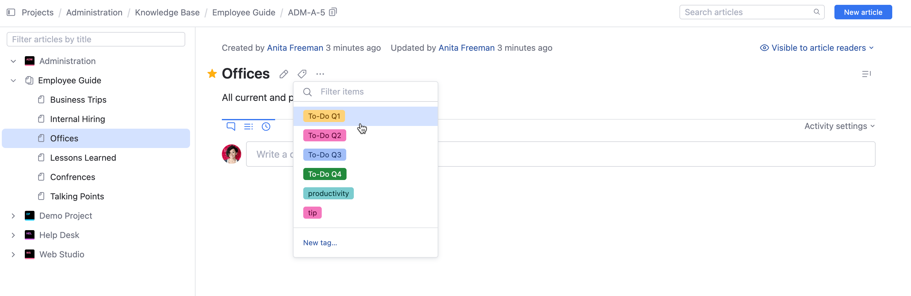 Add a tag to an article in the knowledge base. Add a tag to an article in the knowledge base.