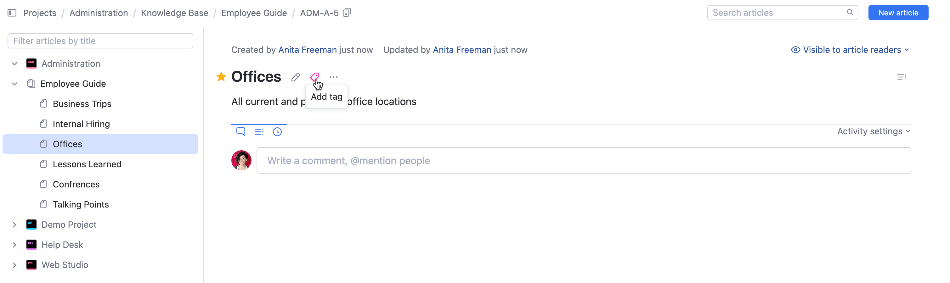 Add tag button in the article toolbar. Add tag button in the article toolbar.