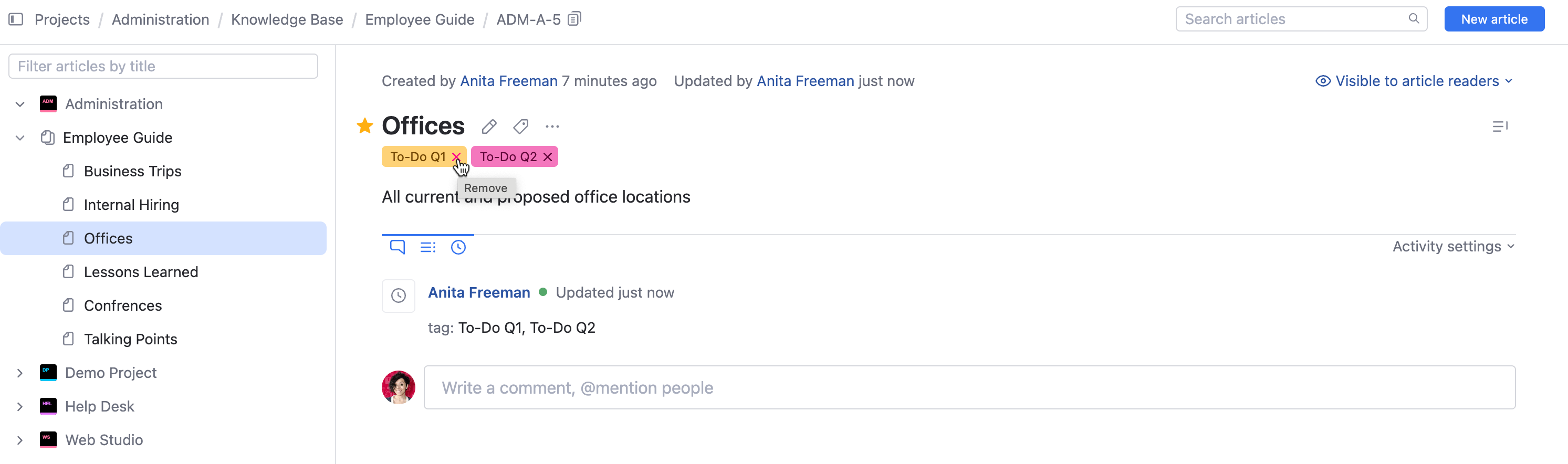 Removing a tag to an article in the knowledge base. Removing a tag to an article in the knowledge base.
