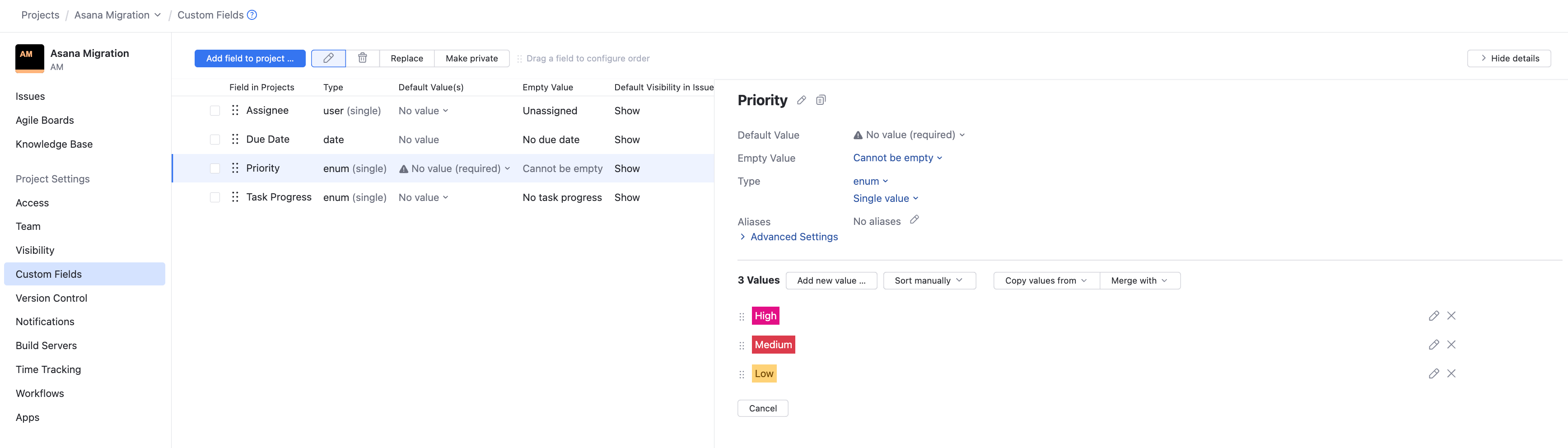 The set of custom fields for a sample Asana project with values for the Priority field. The set of custom fields for a sample Asana project with values for the Priority field.