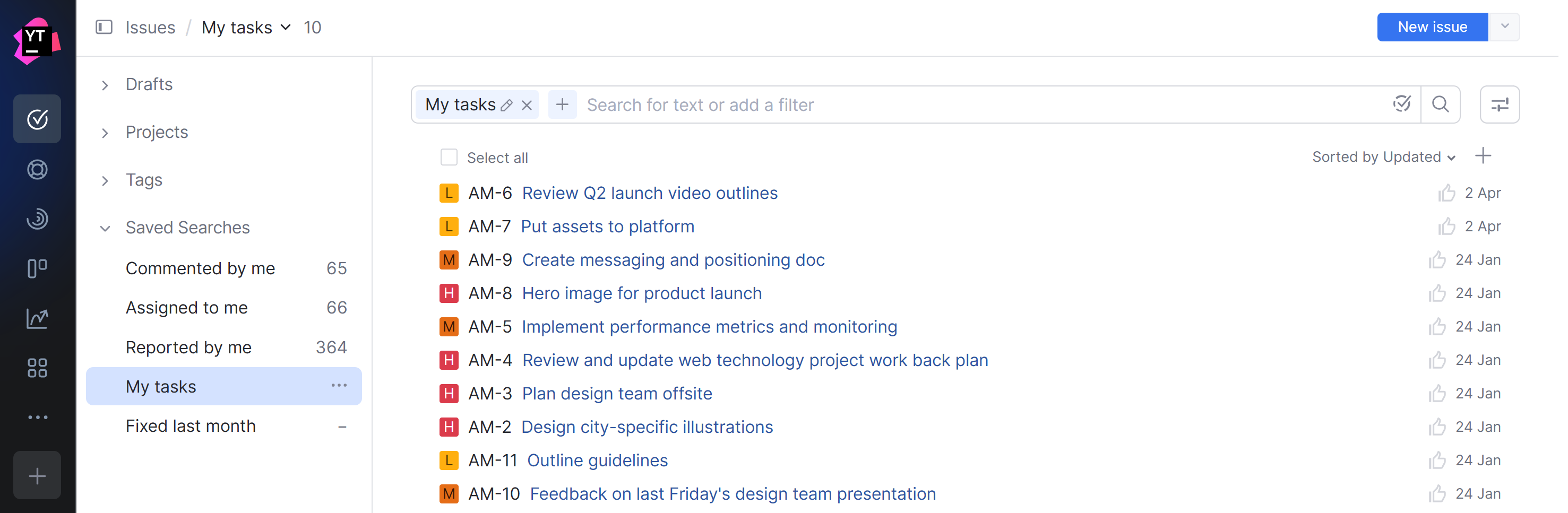 A list of issues filtered to show my tasks. A list of issues filtered to show my tasks.