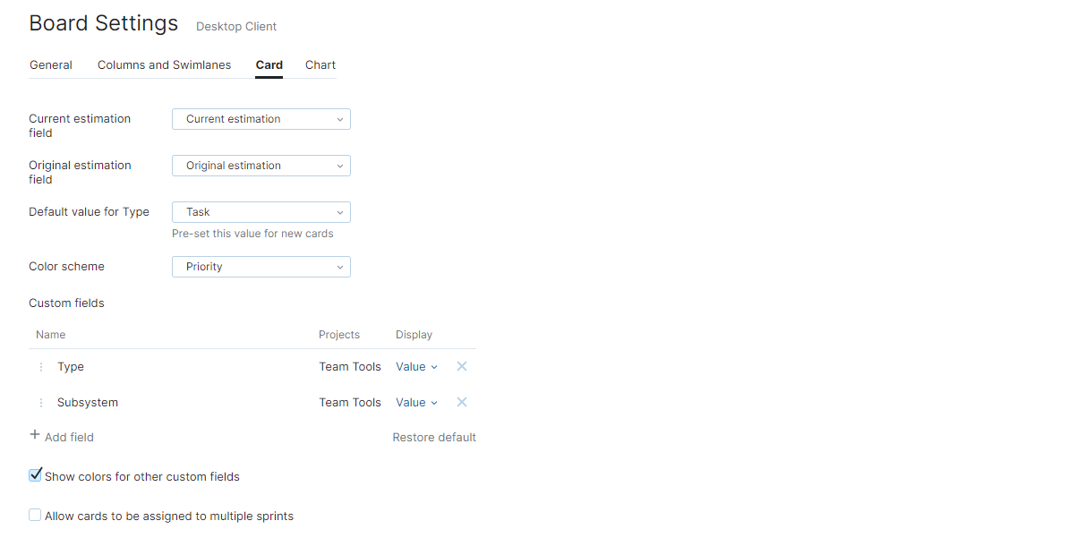 Board settings cards Board settings cards