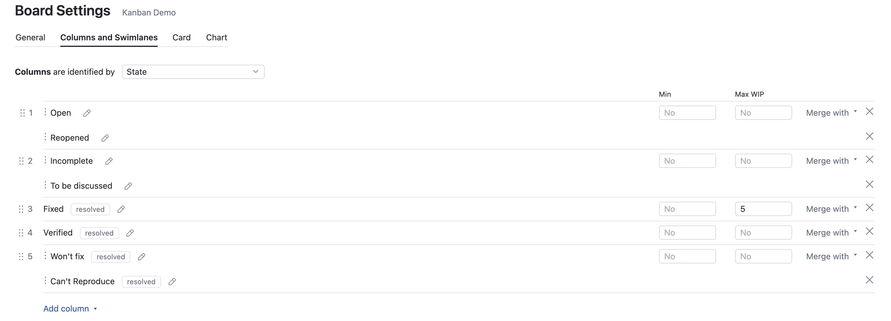 Board settings for columns and swimlanes. Board settings for columns and swimlanes.