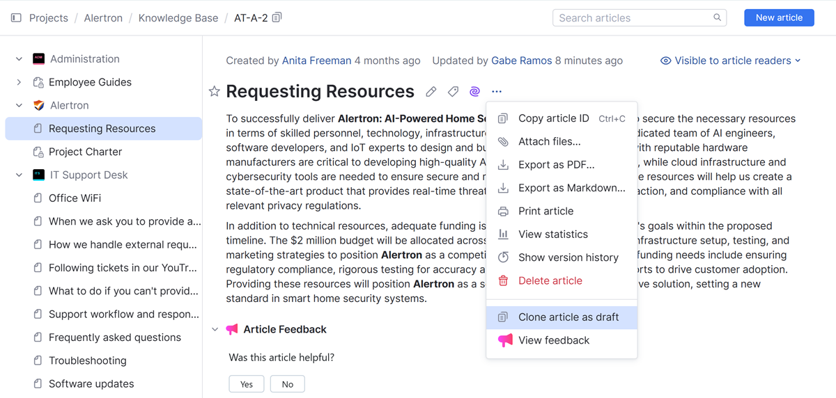 The option to clone an article as a draft. The option to clone an article as a draft.
