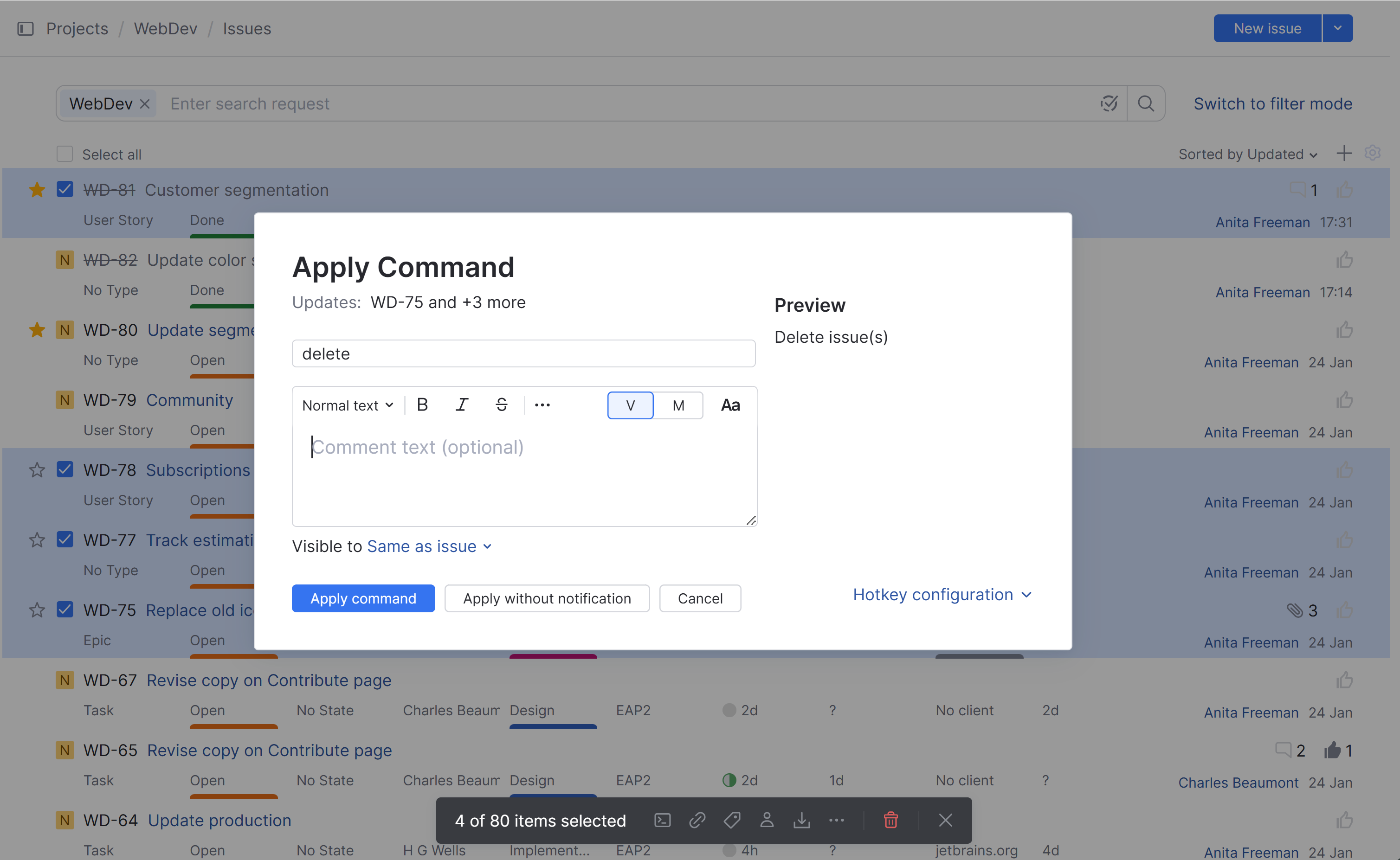 Command to delete multiple issues. Command to delete multiple issues.
