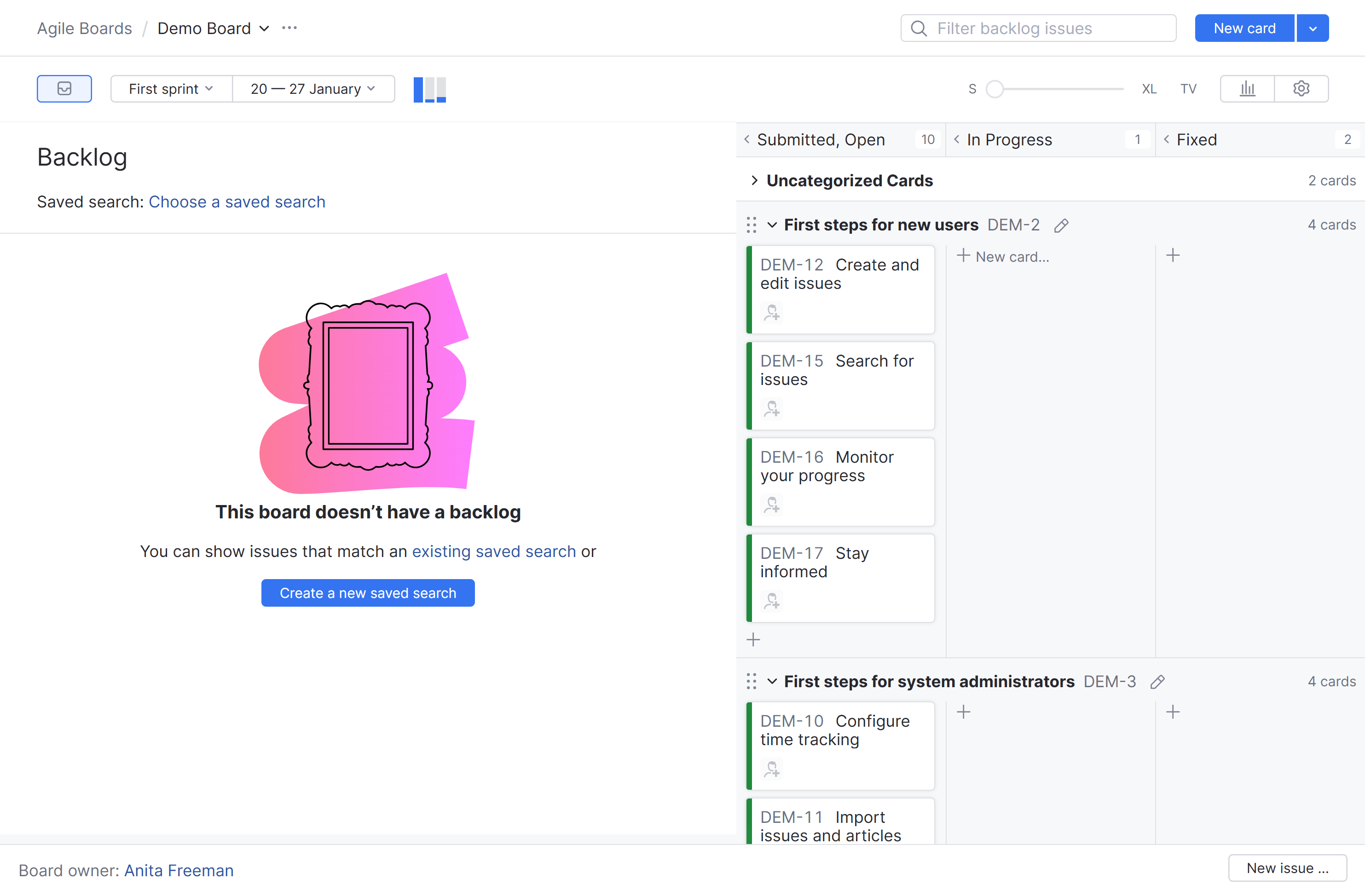 Agile board with an empty backlog. Agile board with an empty backlog.