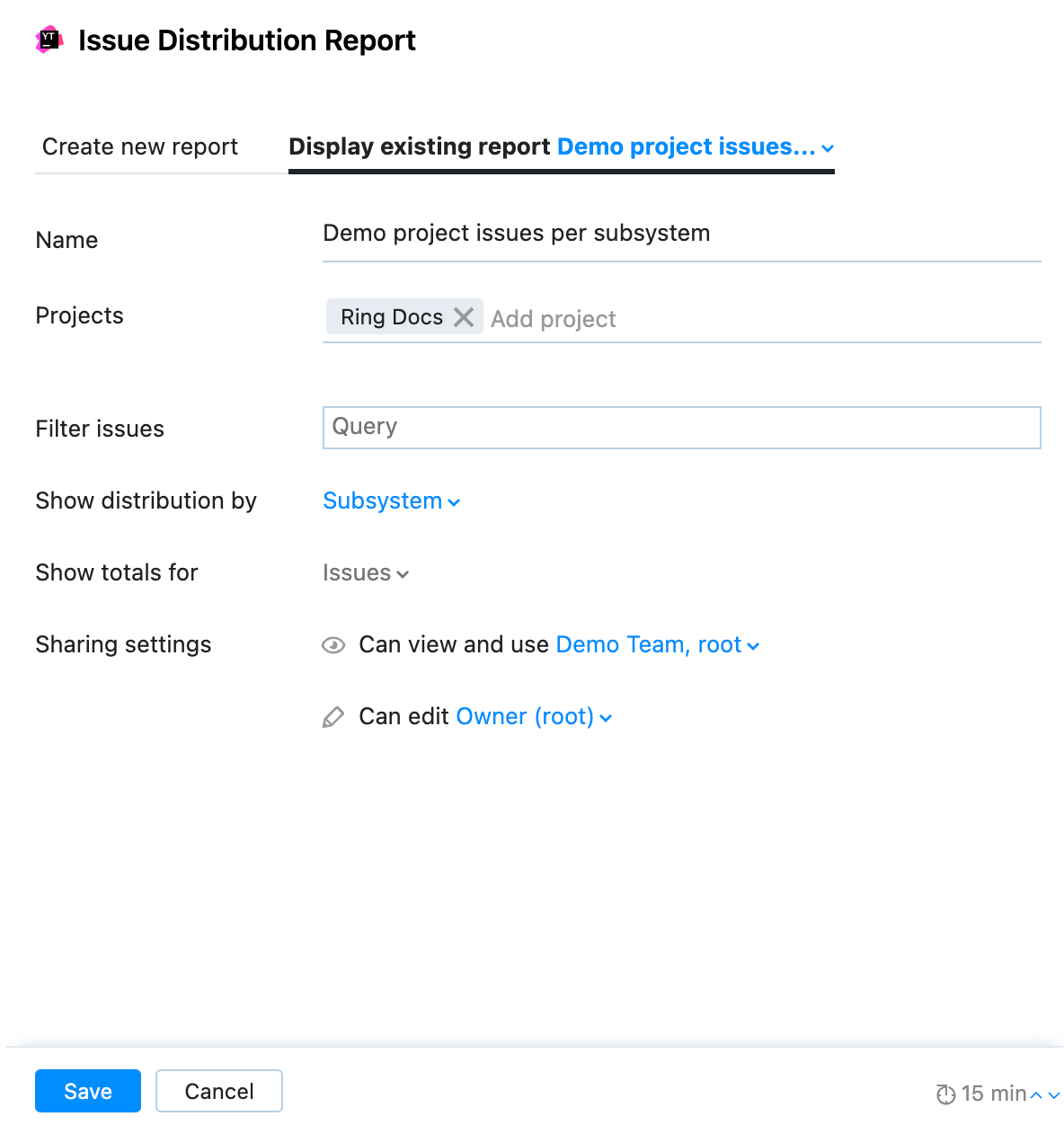 Existing distribution report widget settings Existing distribution report widget settings