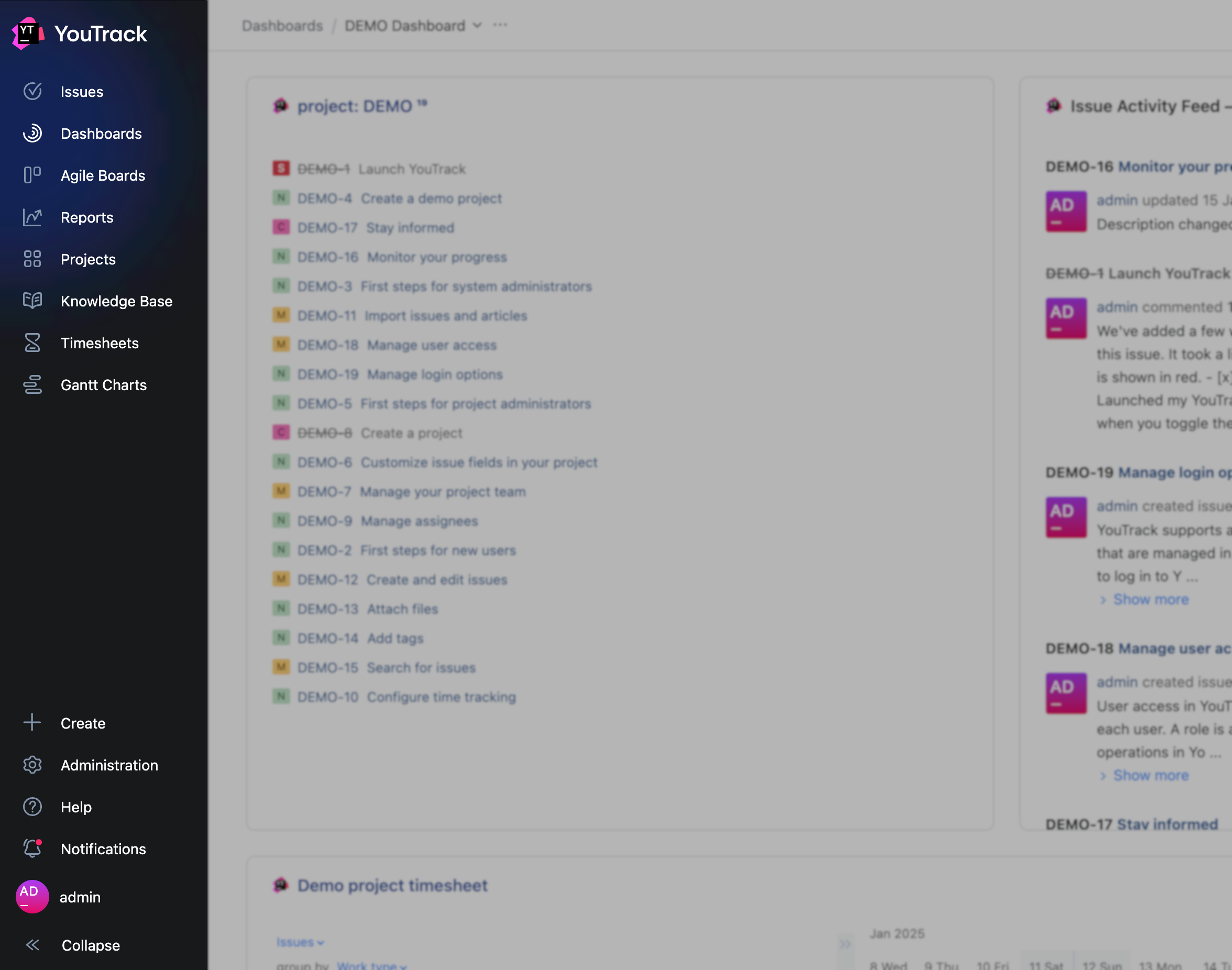 The main navigation in YouTrack. The main navigation in YouTrack.