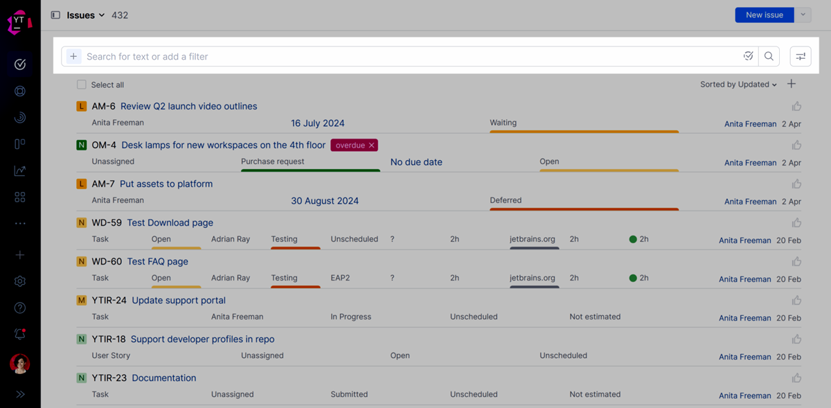 Search and filter options in YouTrack. Search and filter options in YouTrack.