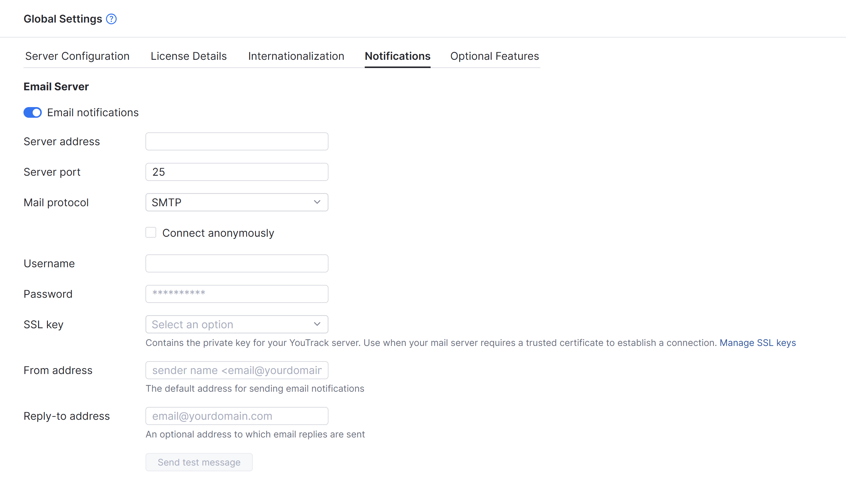 The Notifications tab in the Global Settings for YouTrack Server. The Notifications tab in the Global Settings for YouTrack Server.