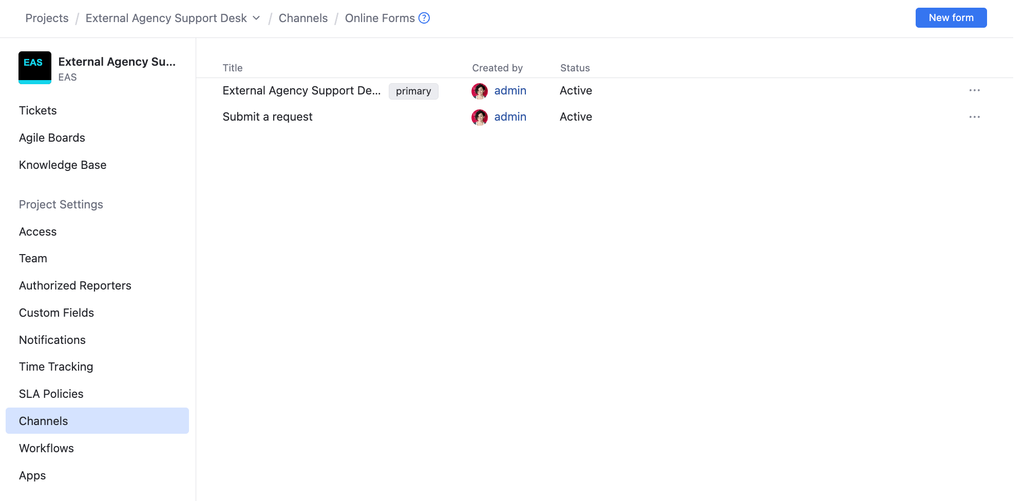 The list of online forms in a helpdesk project. The list of online forms in a helpdesk project.