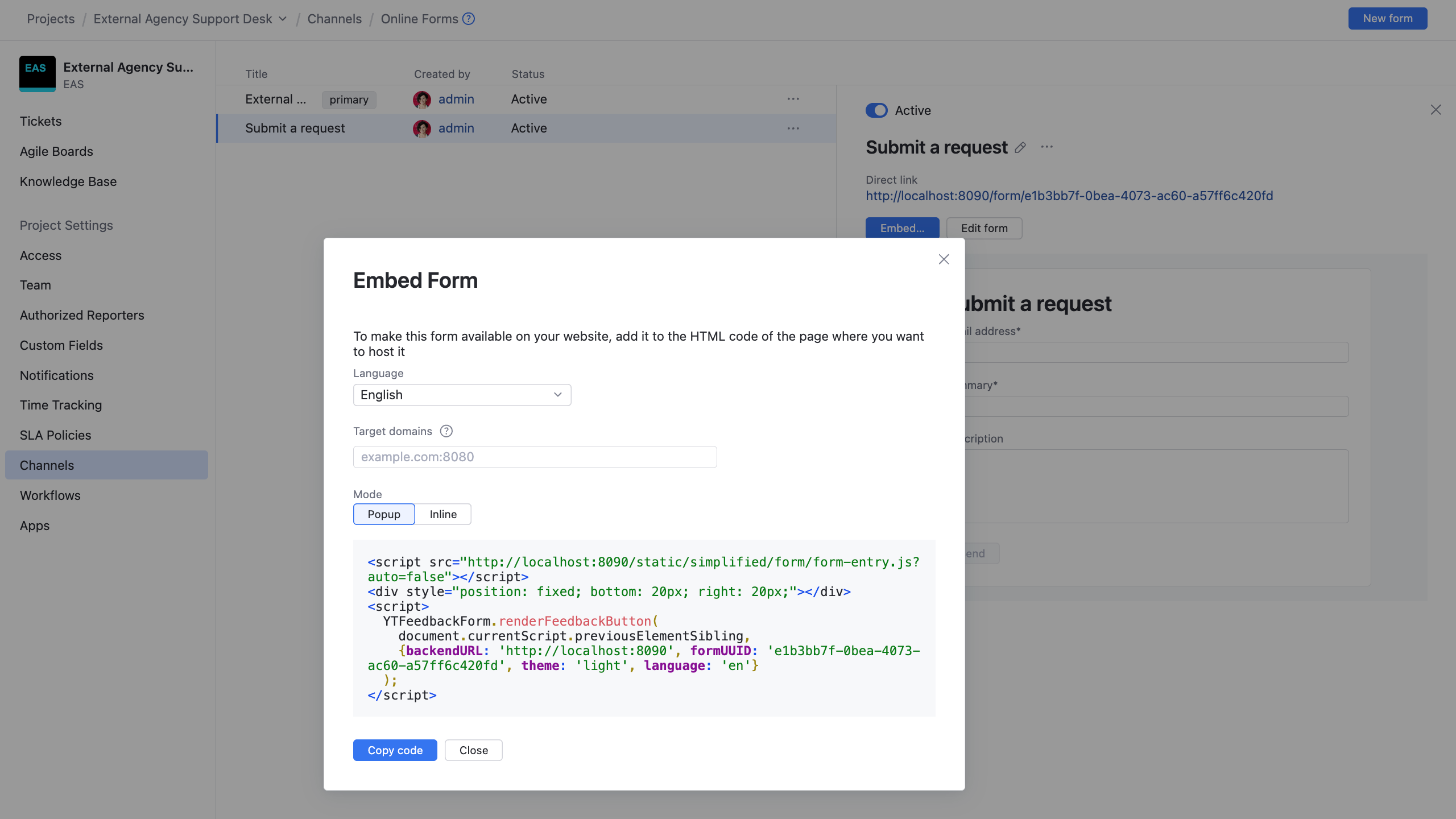 The dialog with instructions for embedding an online form. The dialog with instructions for embedding an online form.
