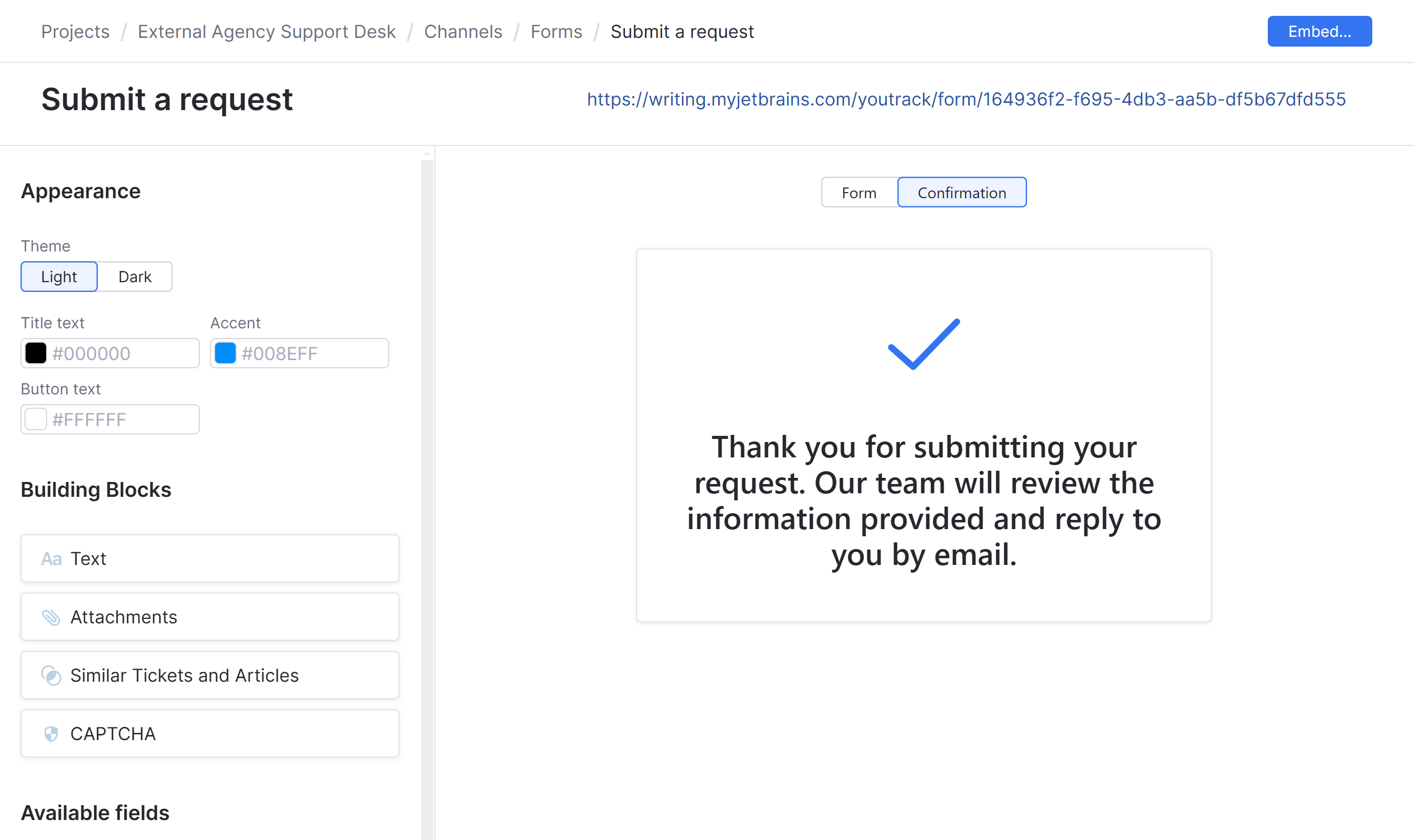 The confirmation message shown when submitting an online form. The confirmation message shown when submitting an online form.